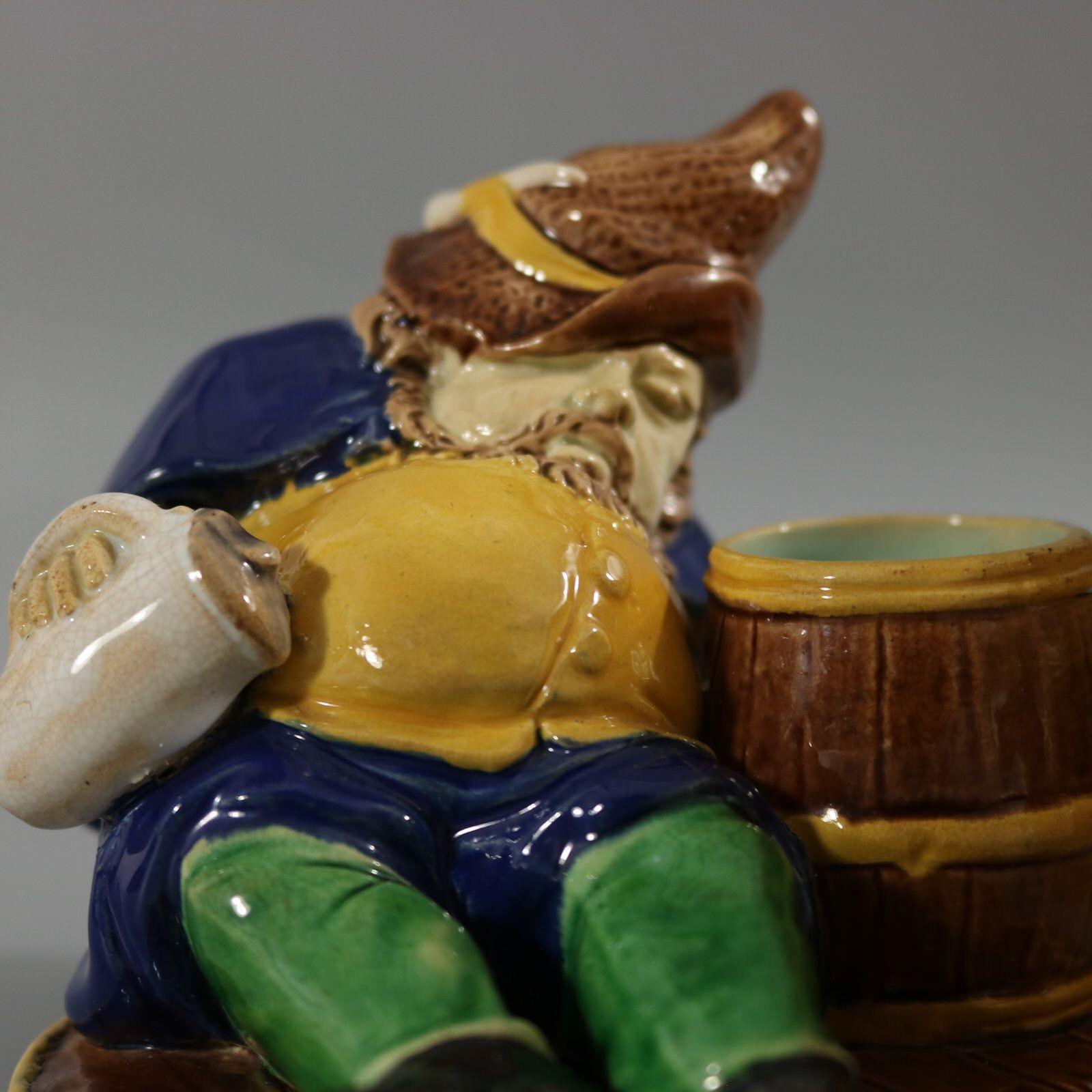 English Majolica Dwarf on Barrel Jar And Cover For Sale 7