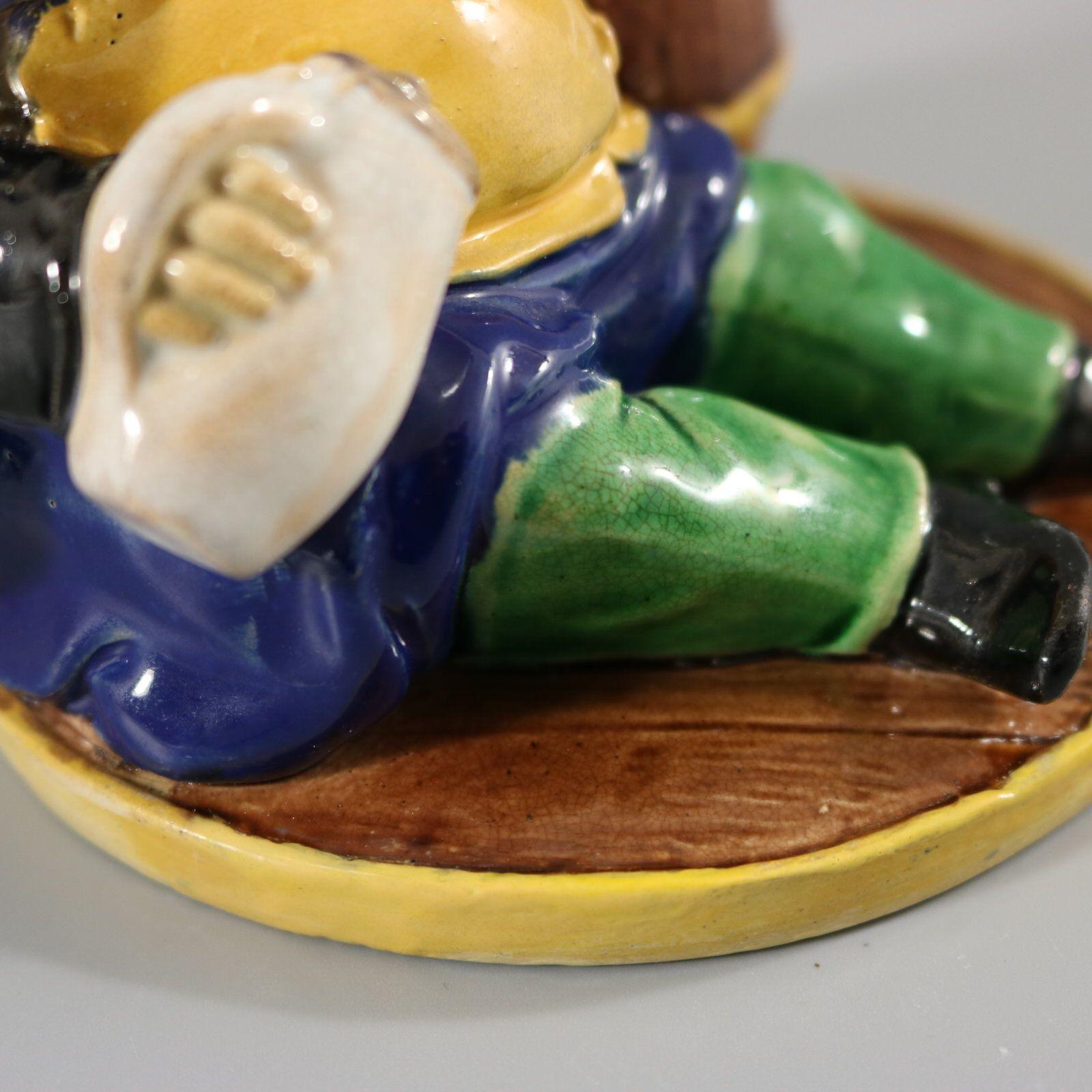 English Majolica Dwarf on Barrel Jar And Cover For Sale 8
