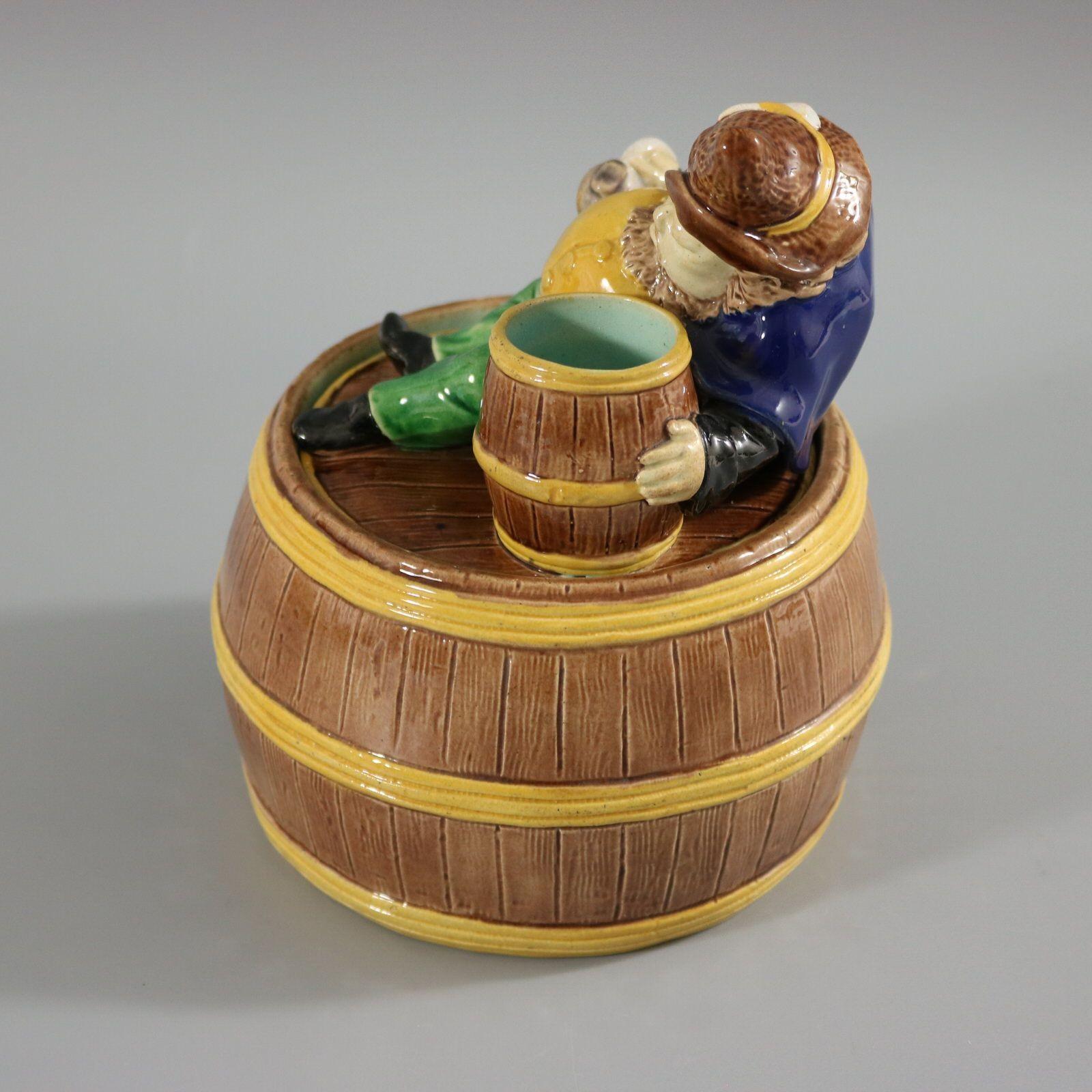 Victorian English Majolica Dwarf on Barrel Jar And Cover For Sale