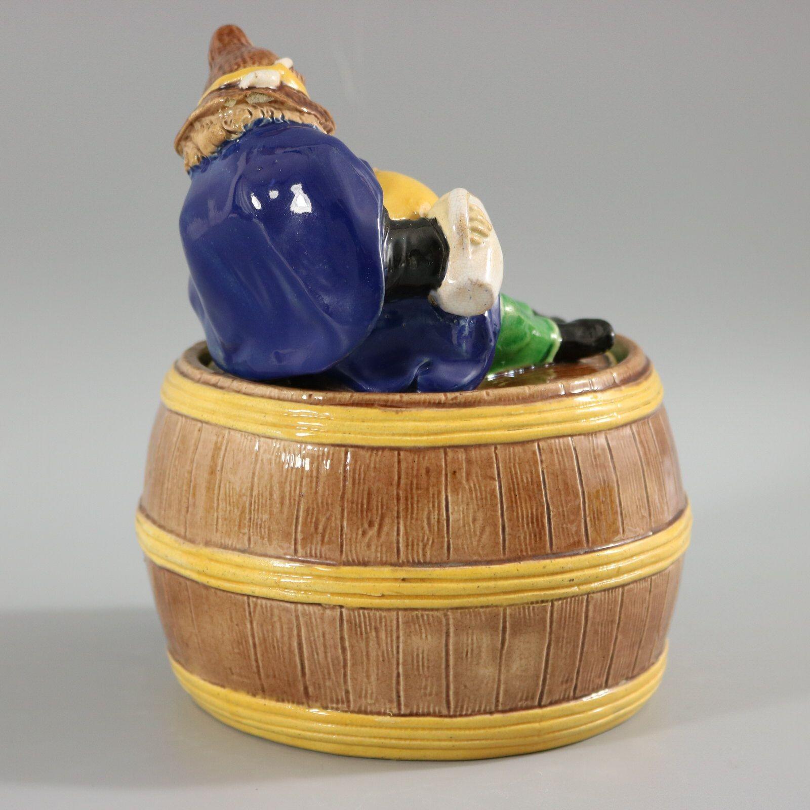 English Majolica Dwarf on Barrel Jar And Cover For Sale 1