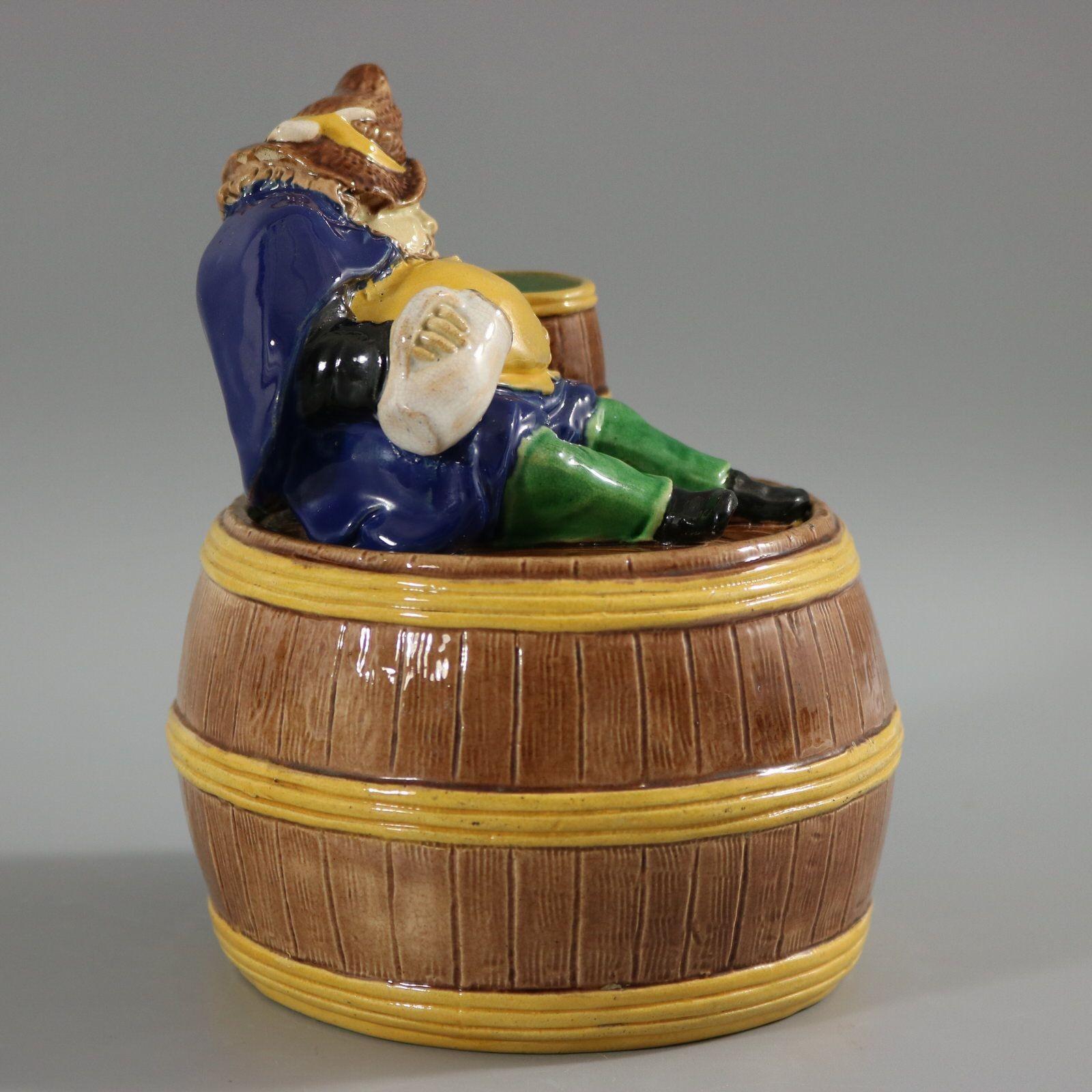 English Majolica Dwarf on Barrel Jar And Cover For Sale 2