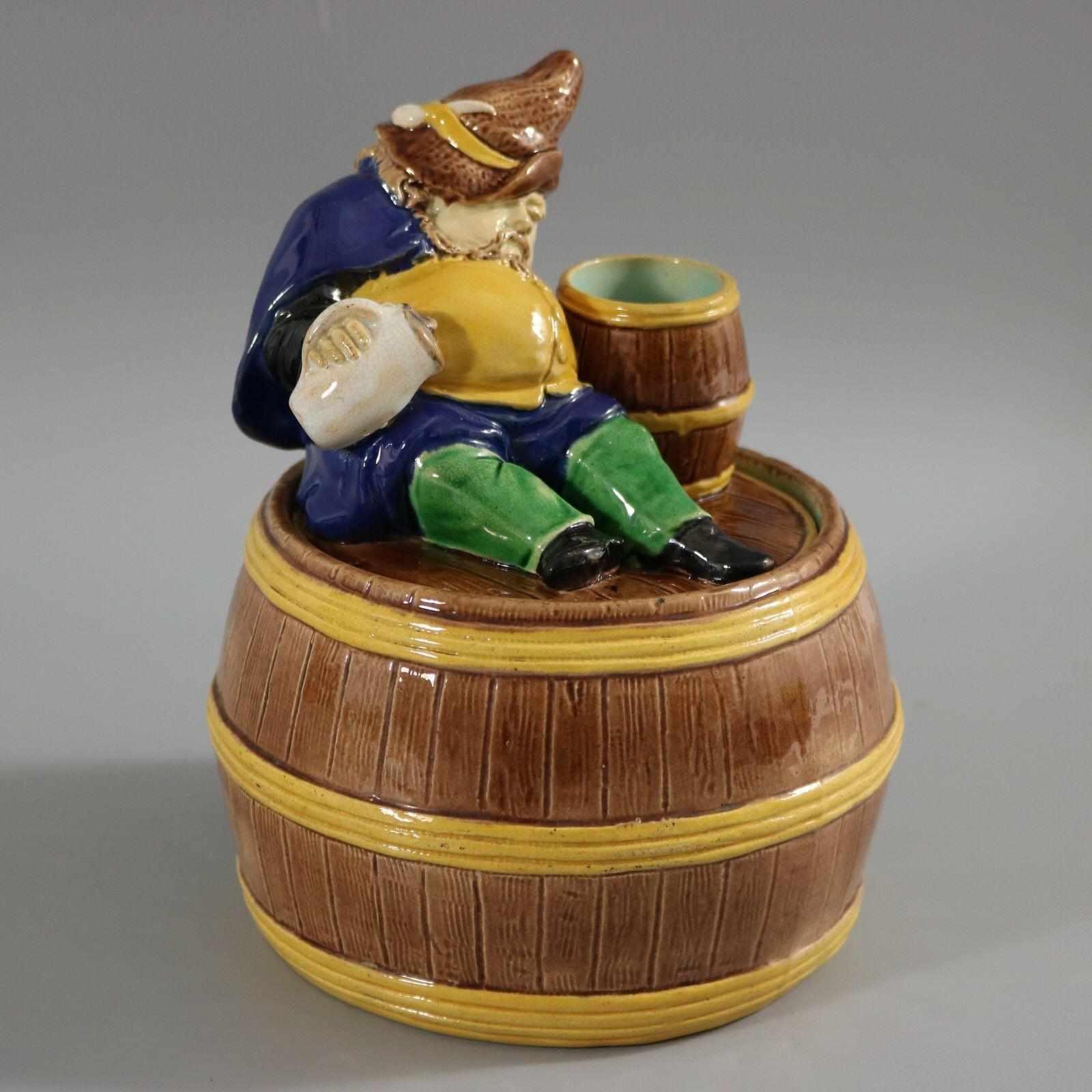 English Majolica Dwarf on Barrel Jar And Cover For Sale 3