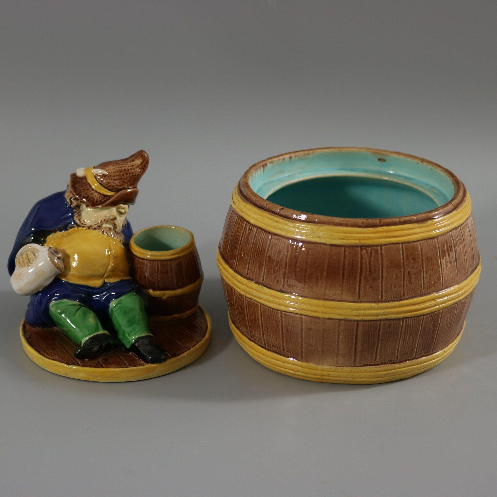 English Majolica Dwarf on Barrel Jar And Cover For Sale 4