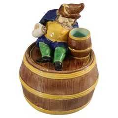 Antique English Majolica Dwarf on Barrel Jar And Cover