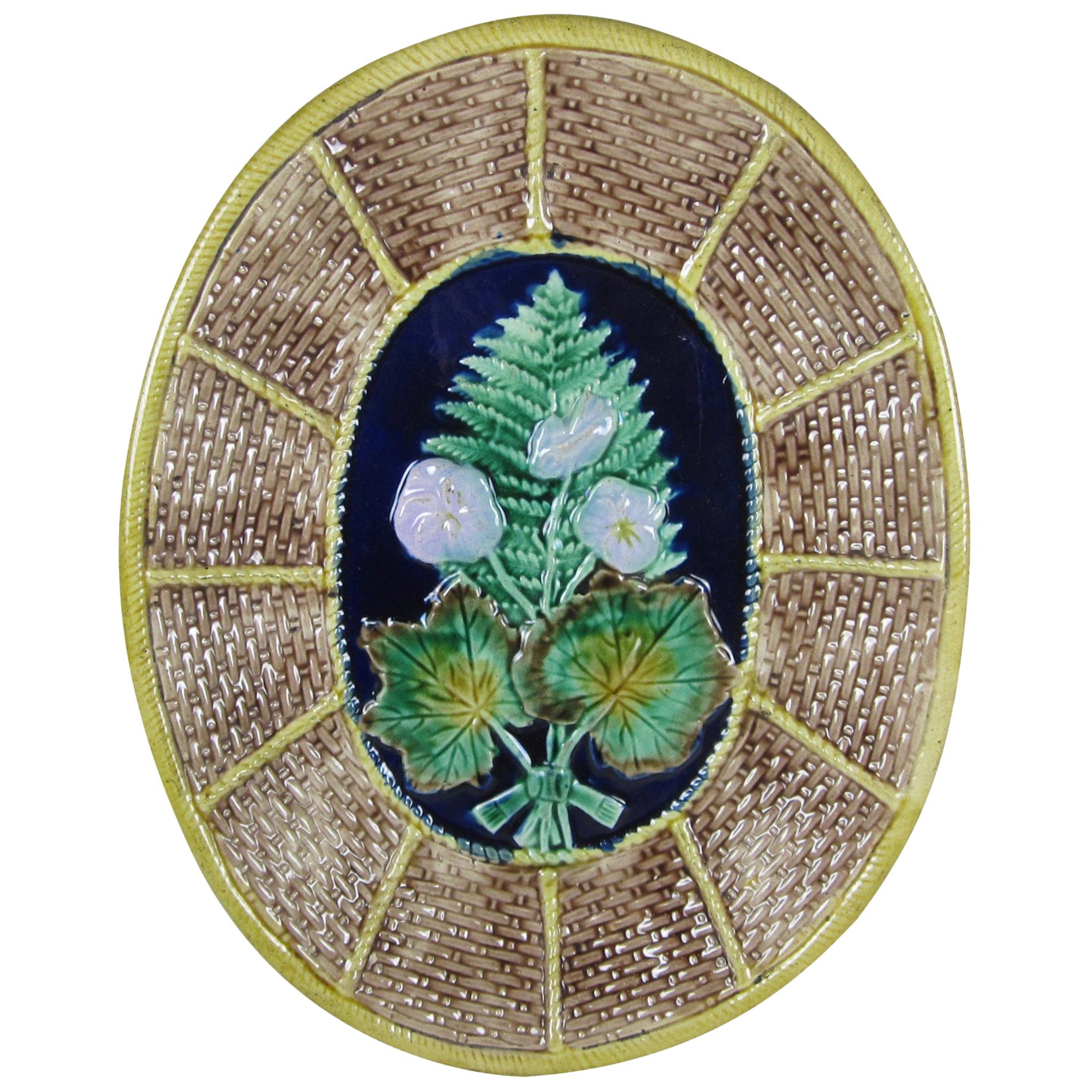 English Majolica Fern and Floral on Wicker Basket Form Oval Cheese Board Platter