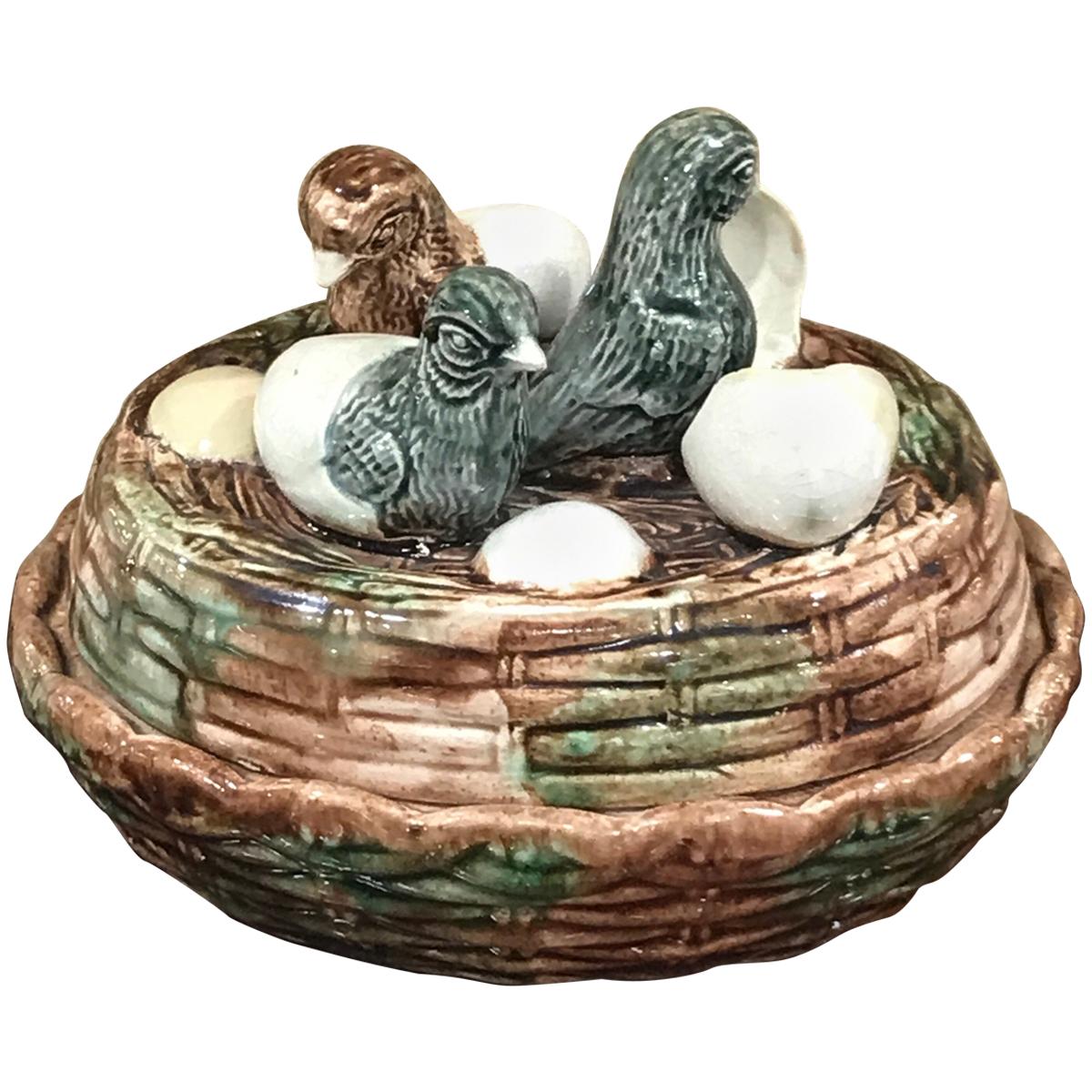 English Majolica Game Dish, Hatchlings on Nest For Sale