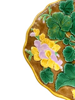 English Majolica Geranium Dessert Tray Glazed in Green, Pink, Yellow, ca. 1880