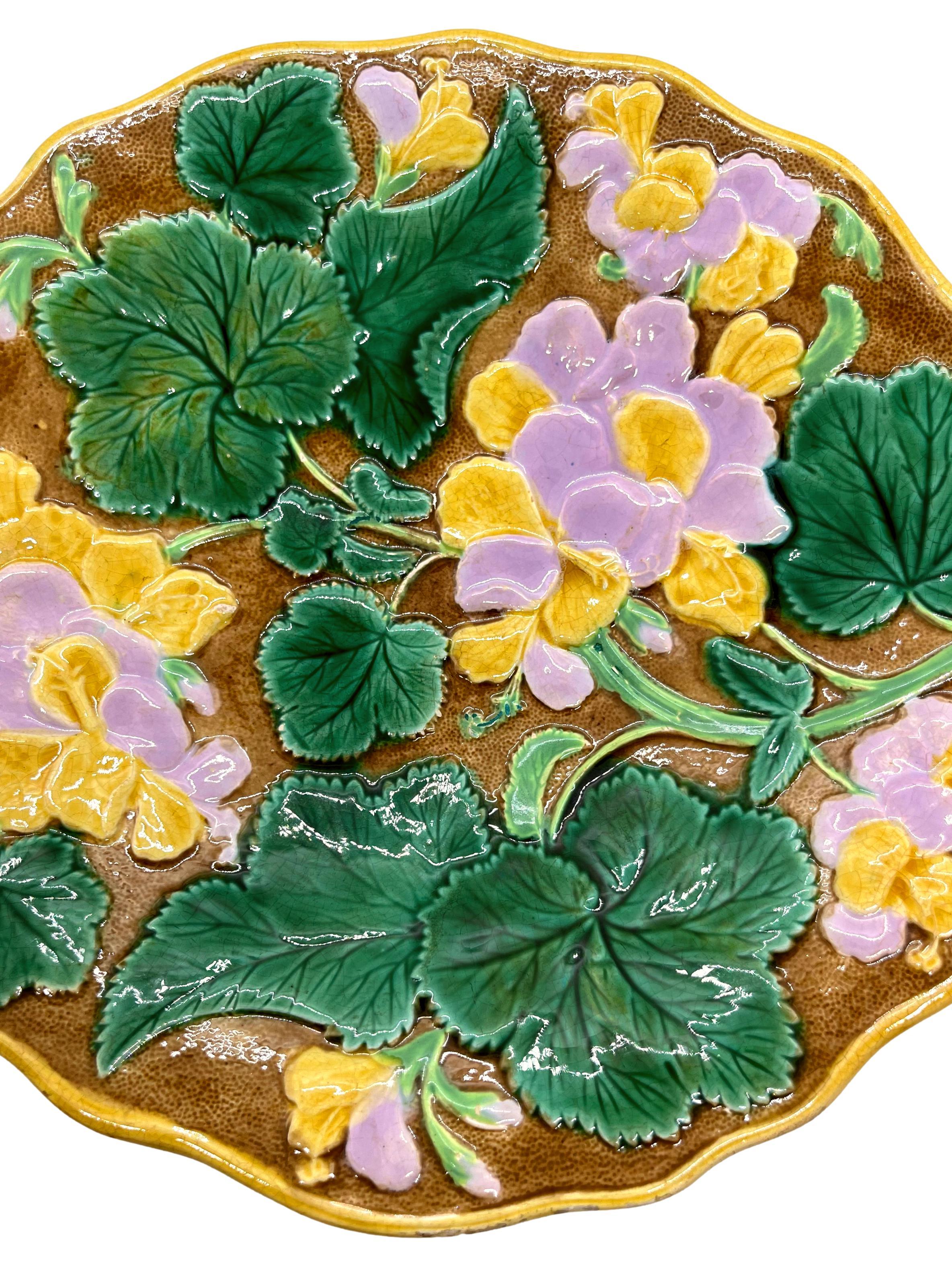 Victorian English Majolica Geranium Dessert Tray Glazed in Green, Pink, Yellow, ca. 1880