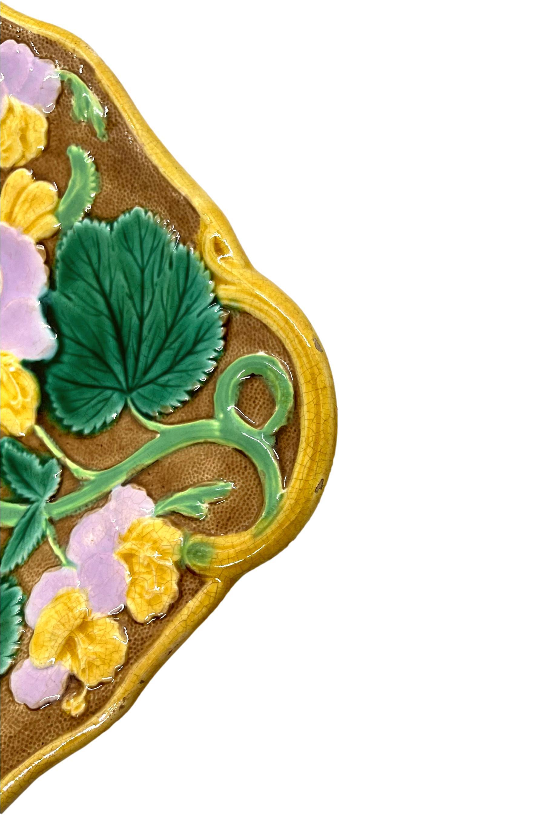 Molded English Majolica Geranium Dessert Tray Glazed in Green, Pink, Yellow, ca. 1880