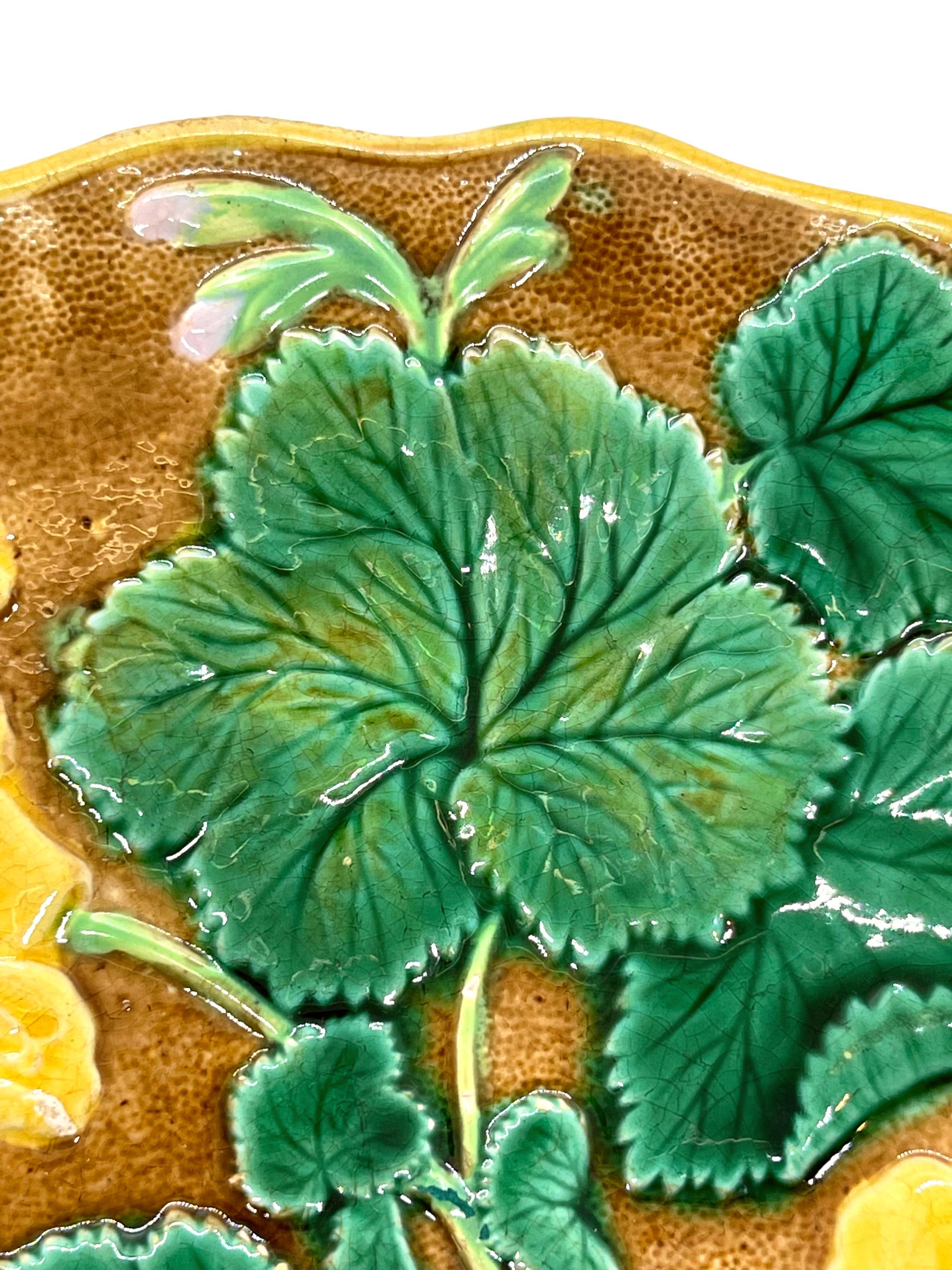 19th Century English Majolica Geranium Dessert Tray Glazed in Green, Pink, Yellow, ca. 1880