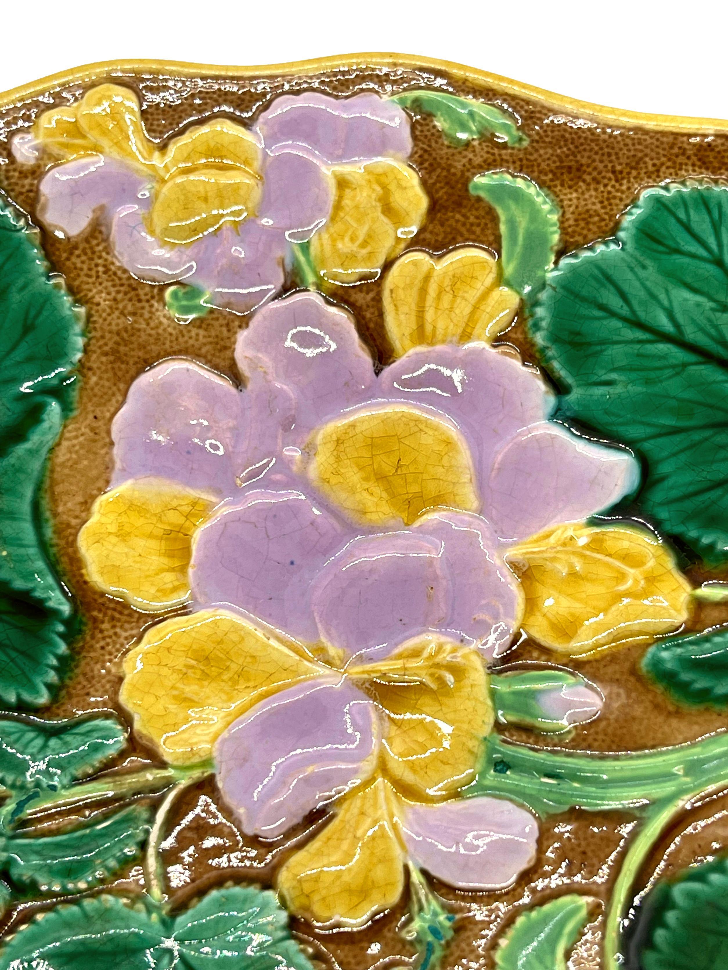 English Majolica Geranium Dessert Tray Glazed in Green, Pink, Yellow, ca. 1880 1