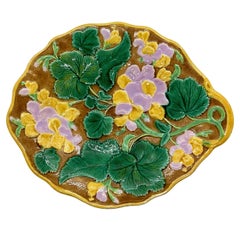 Antique English Majolica Geranium Dessert Tray Glazed in Green, Pink, Yellow, ca. 1880