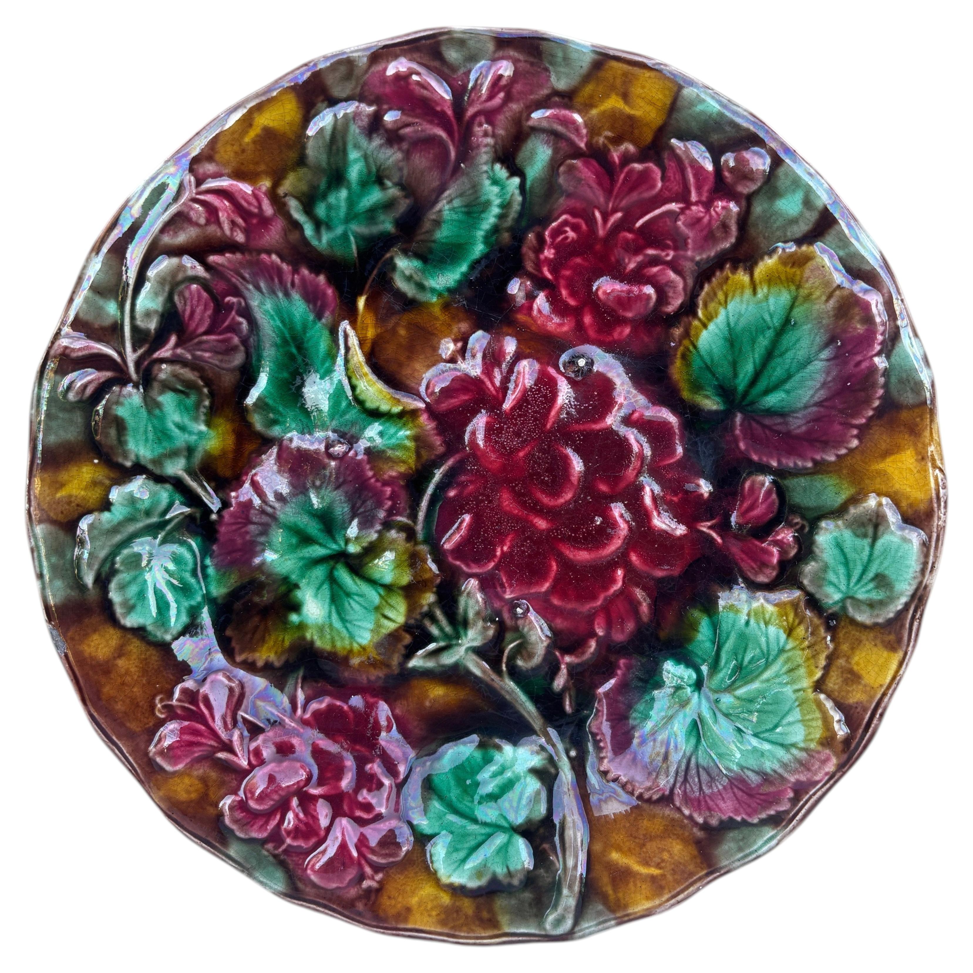 English Majolica Geranium Plate circa 1880 For Sale