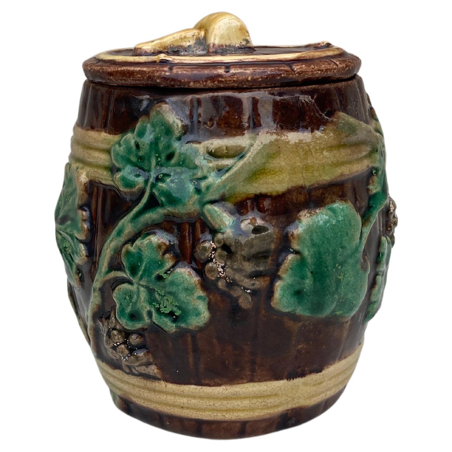 English Majolica Grapes Leaves Tobacco Jar or box circa 1890.