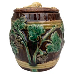 English Majolica Grapes Leaves Tobacco Jar circa 1890