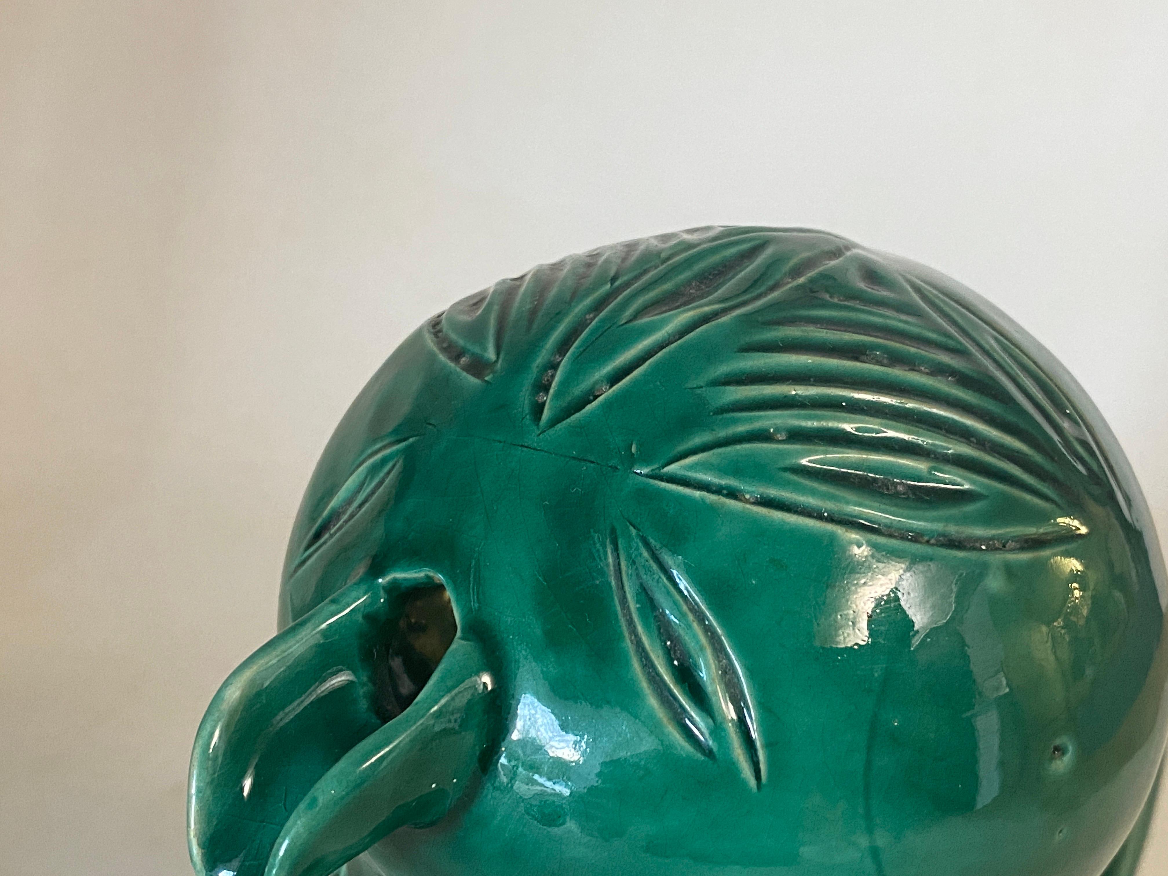 English Majolica Green, Bird Jug, Goemetrical decor Pattern Circa 1960 For Sale 2