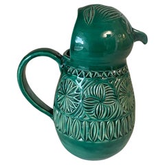 English Majolica Green, Bird Jug, Goemetrical decor Pattern Circa 1960