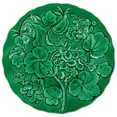 Antique English Majolica Green Glazed Floral Geranium and Leaf Plate, circa 1880