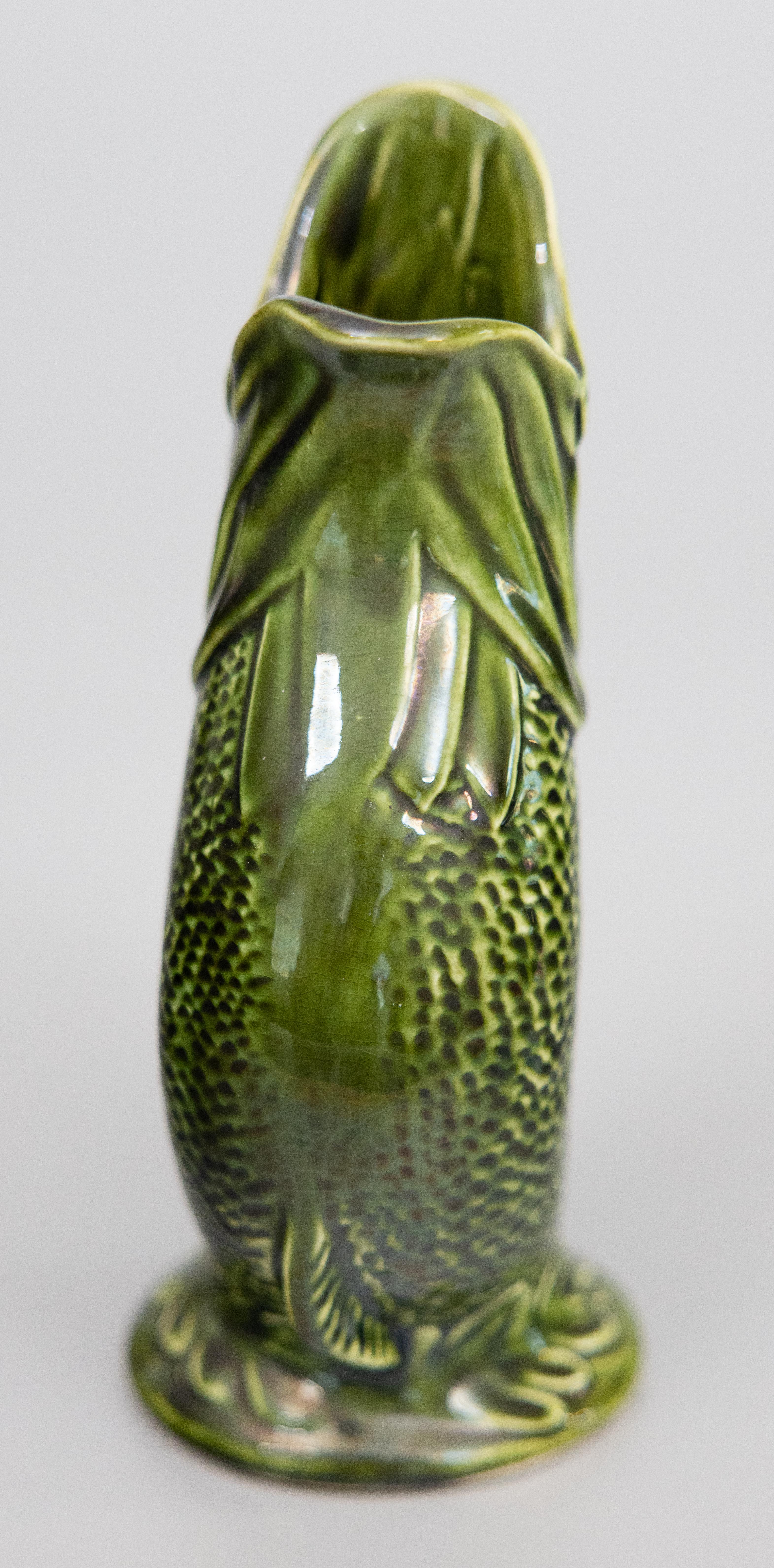 Fired English Majolica Green Gurgling Fish Pitcher Jug, circa 1950 For Sale