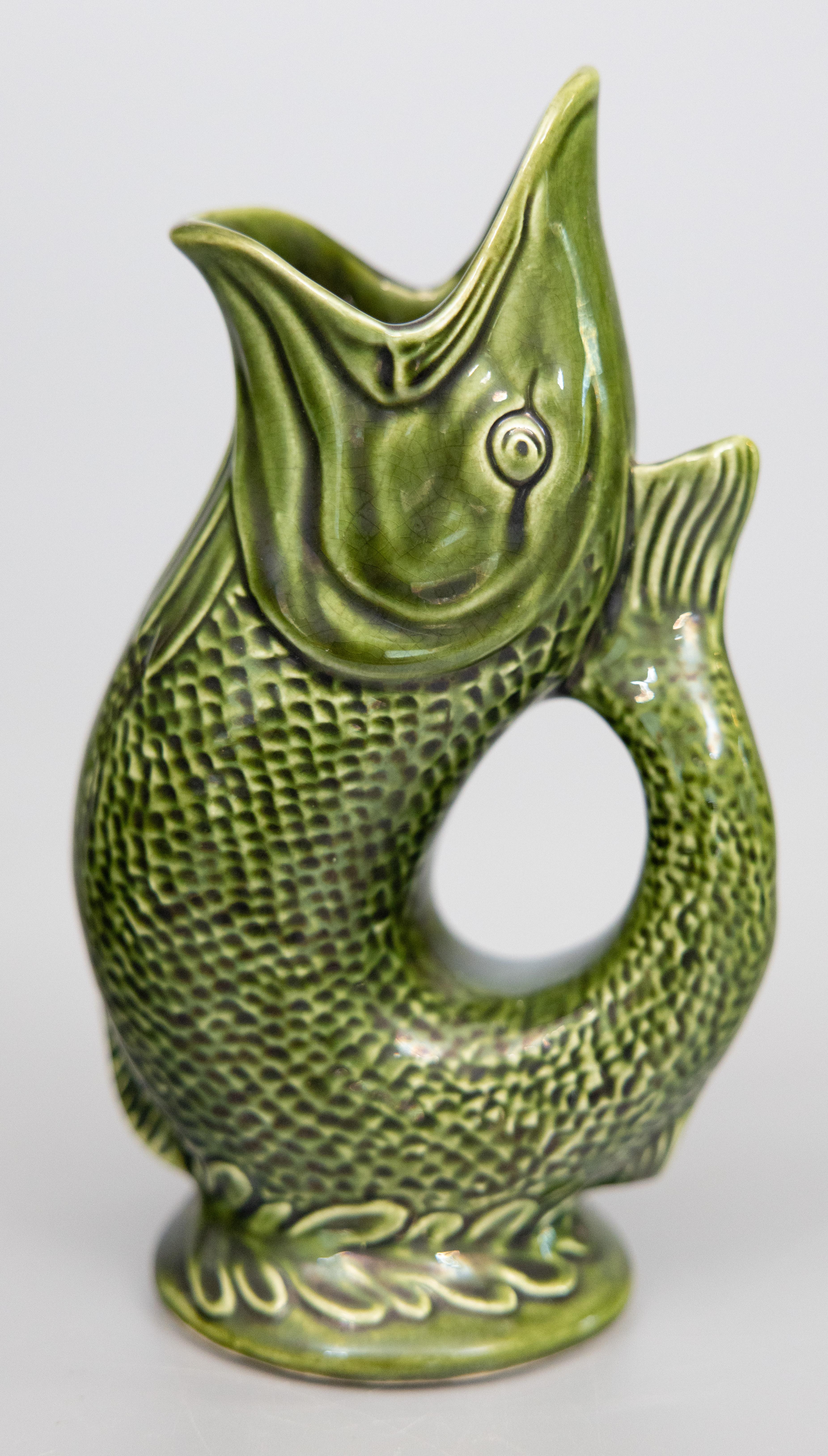 English Majolica Green Gurgling Fish Pitcher Jug, circa 1950 For Sale 1