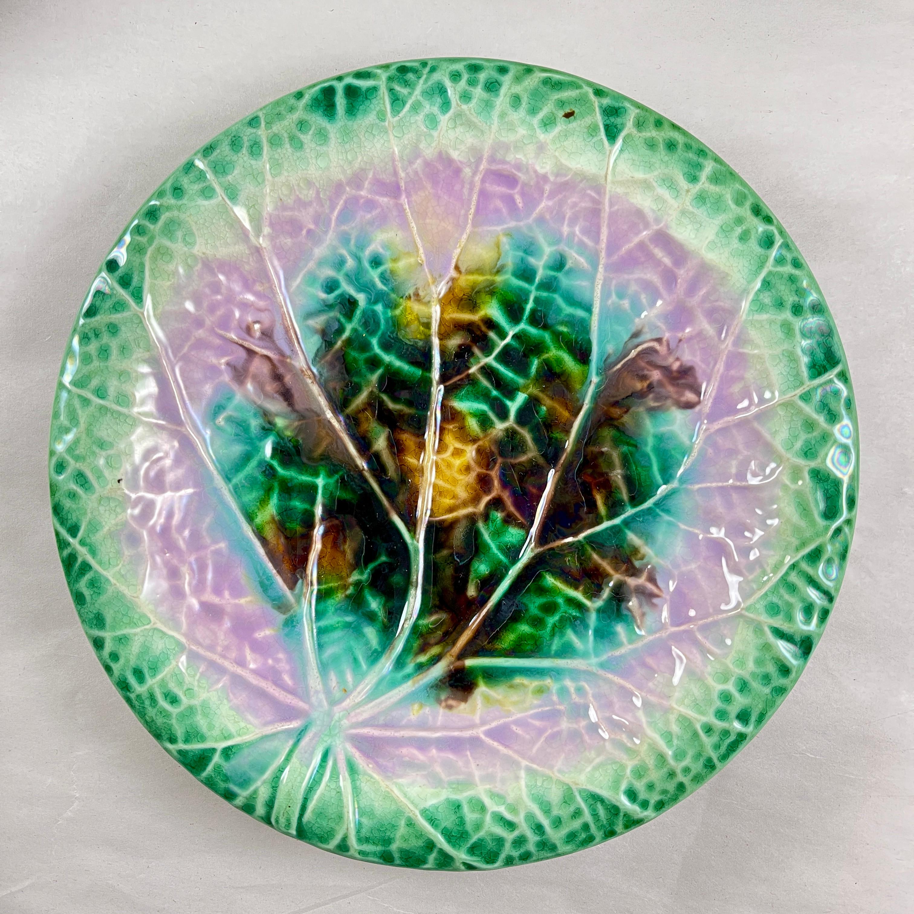 
An English majolica Begonia plate, Adams & Bromley, circa 1870-1880.

Beautiful, bold glazing with bright green rims. The centers show a pattern of raised mold work, mimicking the crinkling and veining found on a begonia leaf.
The versos are glazed