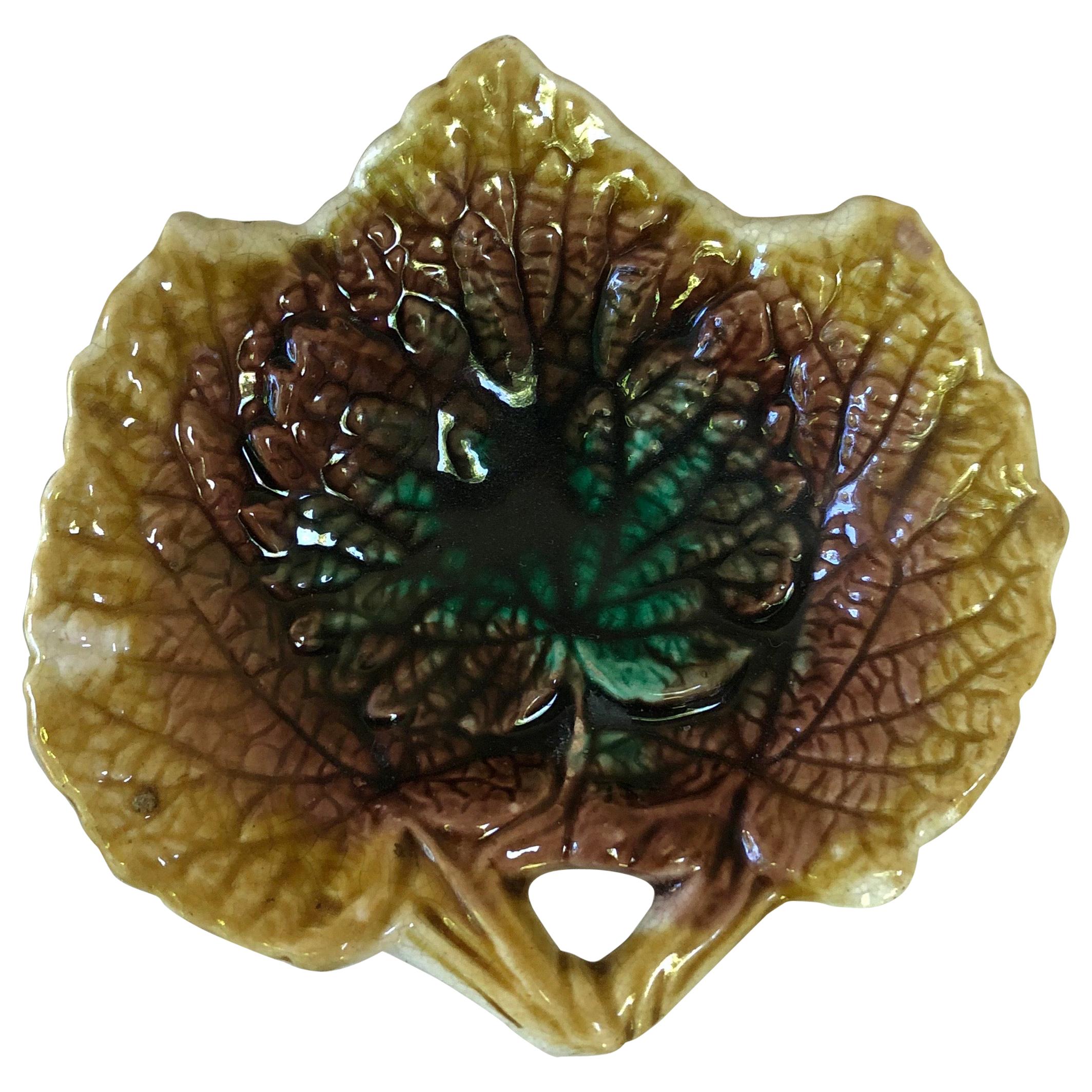 Ceramic English Majolica Leaf Butter Pat, circa 1890