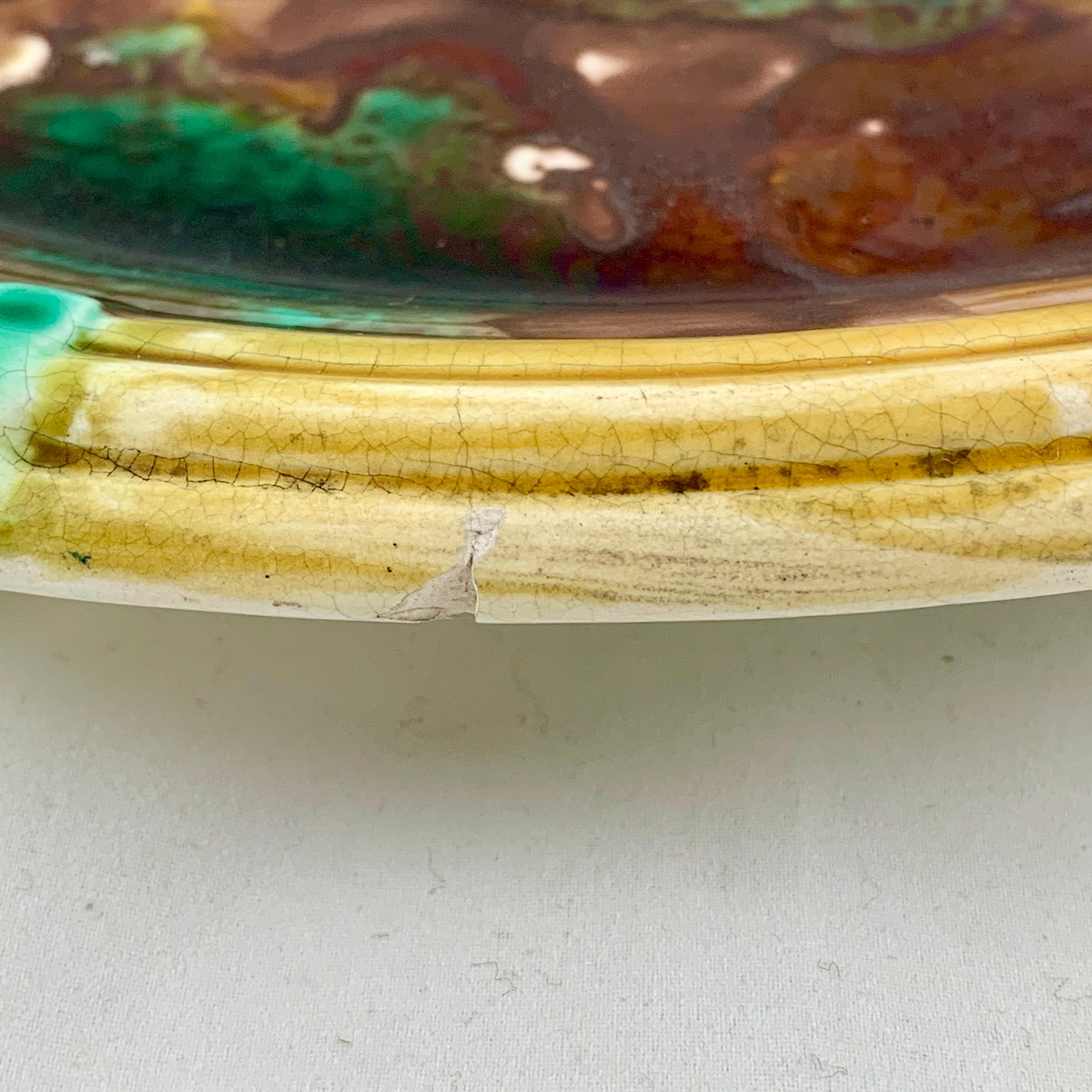Earthenware English Majolica Mottled Tortoiseshell Glaze and Basketweave Border Cheese Tray