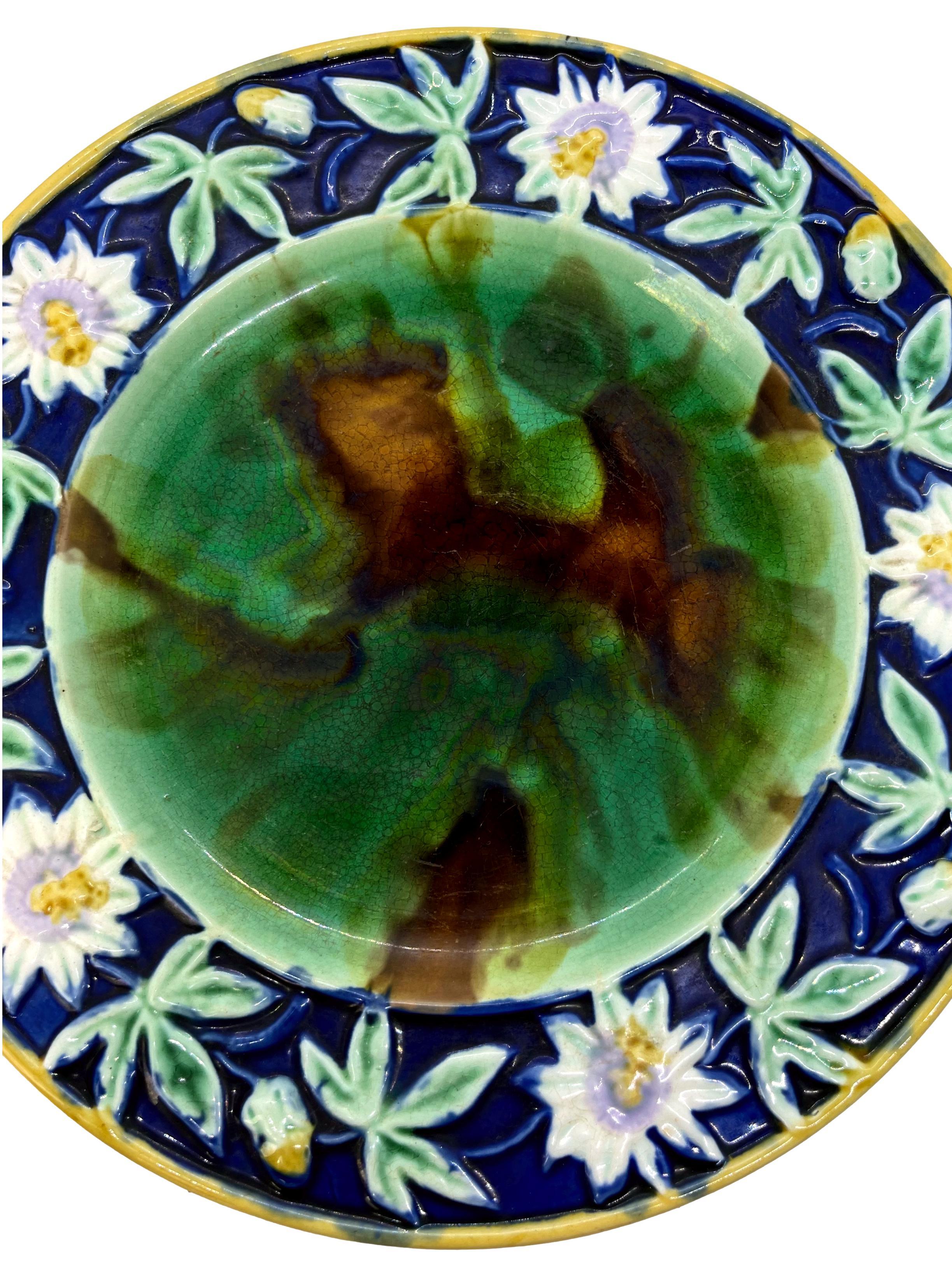 Victorian English Majolica Passion Flower Plate with Mottled Center, Cobalt ca. 1880