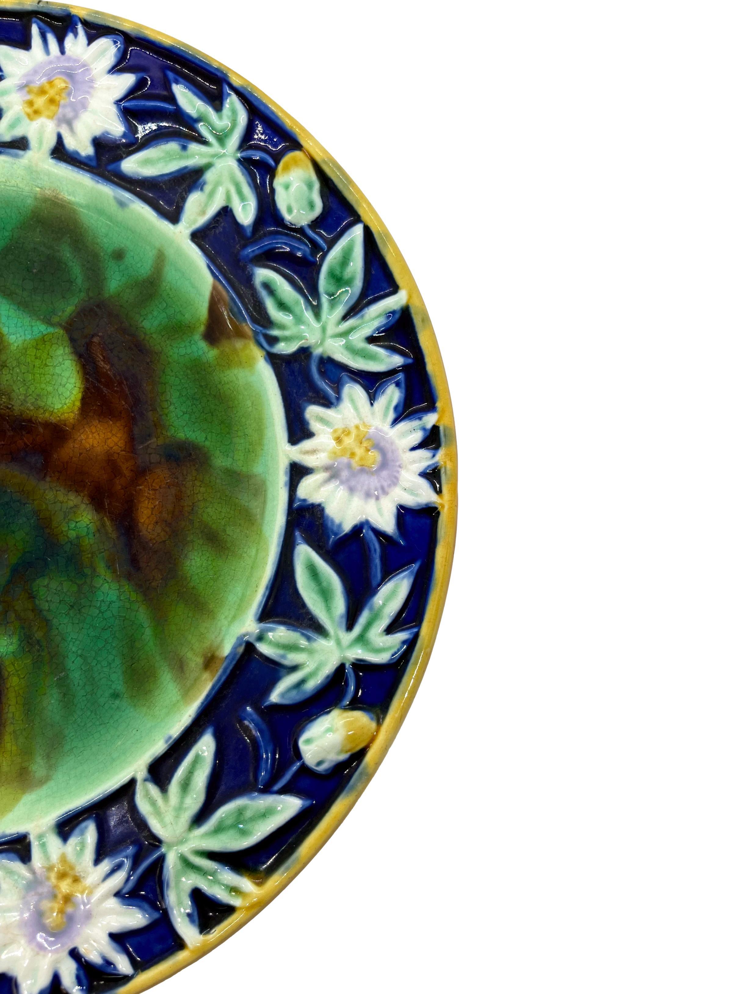 Molded English Majolica Passion Flower Plate with Mottled Center, Cobalt ca. 1880