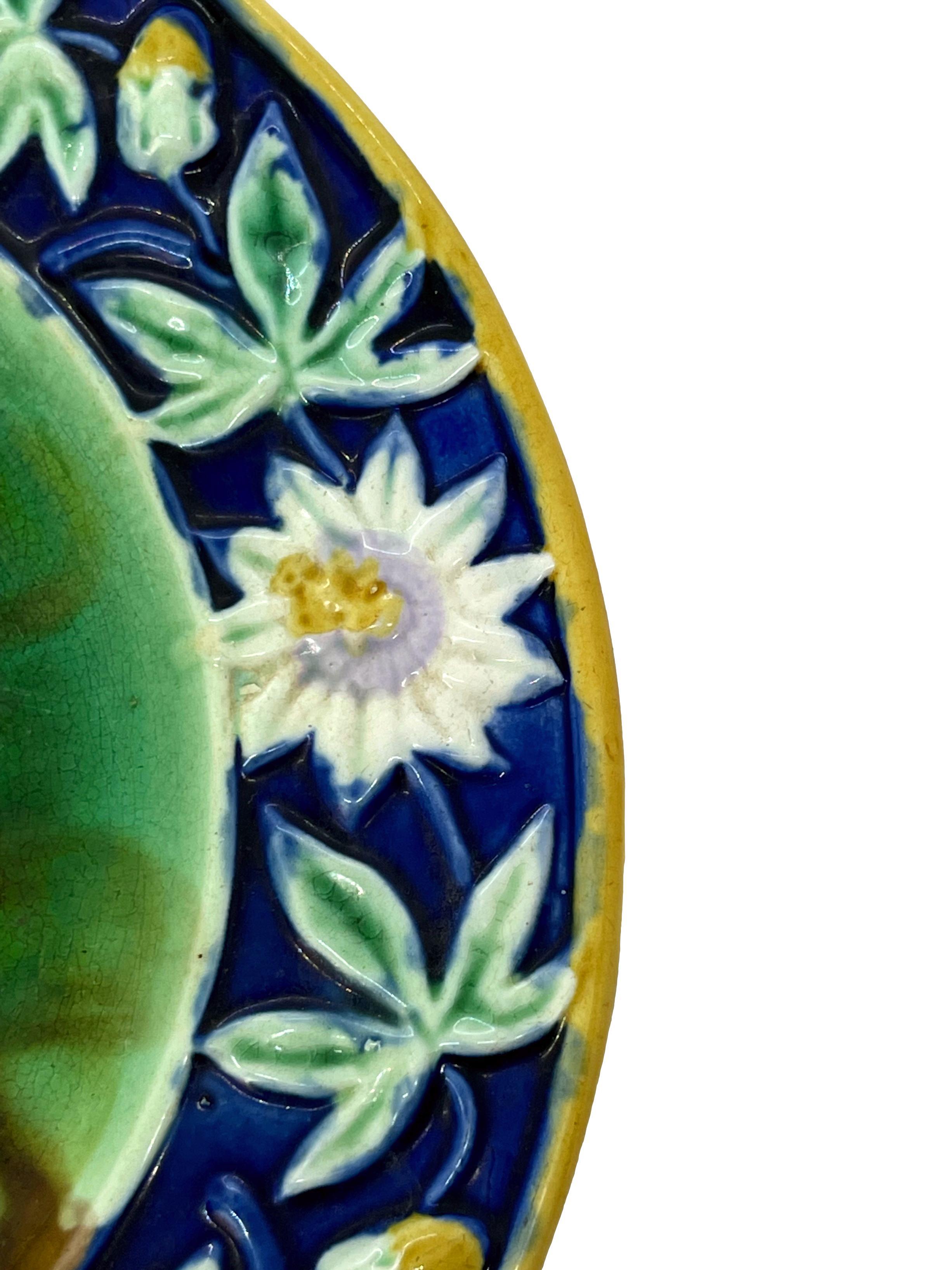 English Majolica Passion Flower Plate with Mottled Center, Cobalt ca. 1880 In Good Condition In Banner Elk, NC