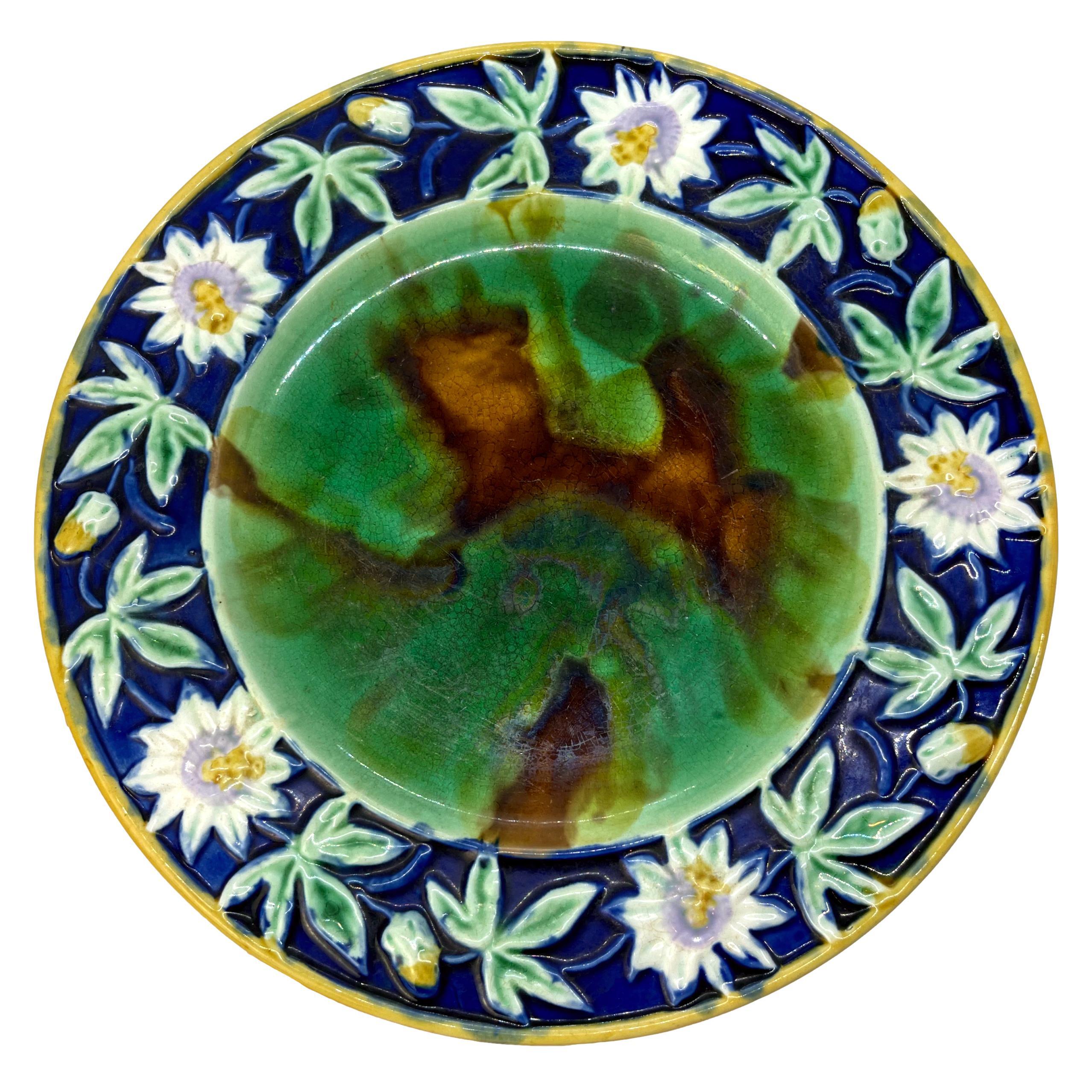 English Majolica Passion Flower Plate with Mottled Center, Cobalt ca. 1880