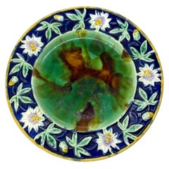 English Majolica Passion Flower Plate with Mottled Center, Cobalt ca. 1880