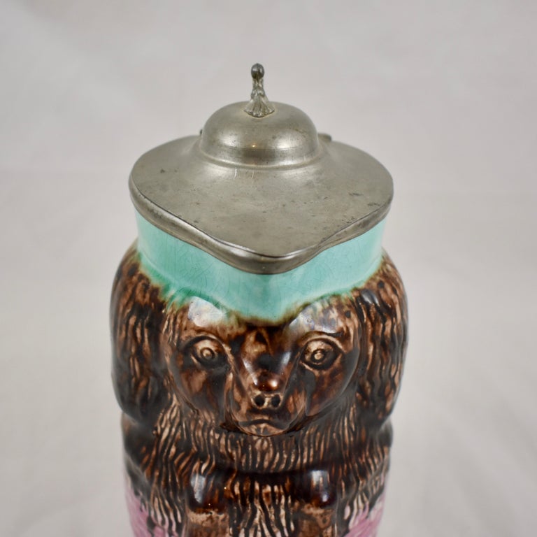 Aesthetic Movement Enoch Wedgwood Majolica Pewter Lid King Charles Spaniel in Basket Syrup Pitcher For Sale