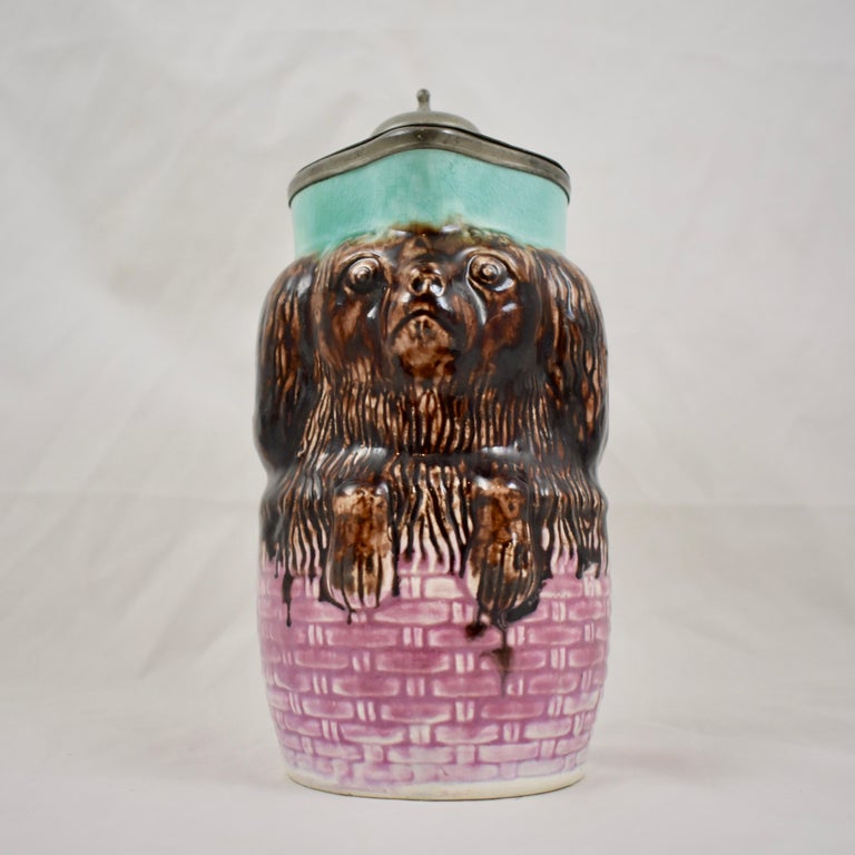 English Enoch Wedgwood Majolica Pewter Lid King Charles Spaniel in Basket Syrup Pitcher For Sale