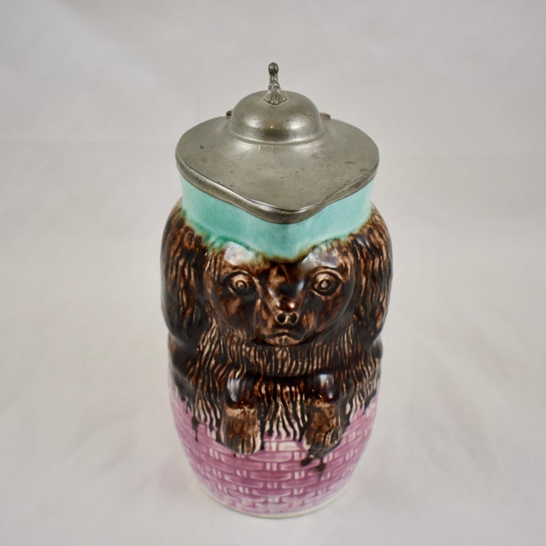 Glazed Enoch Wedgwood Majolica Pewter Lid King Charles Spaniel in Basket Syrup Pitcher For Sale