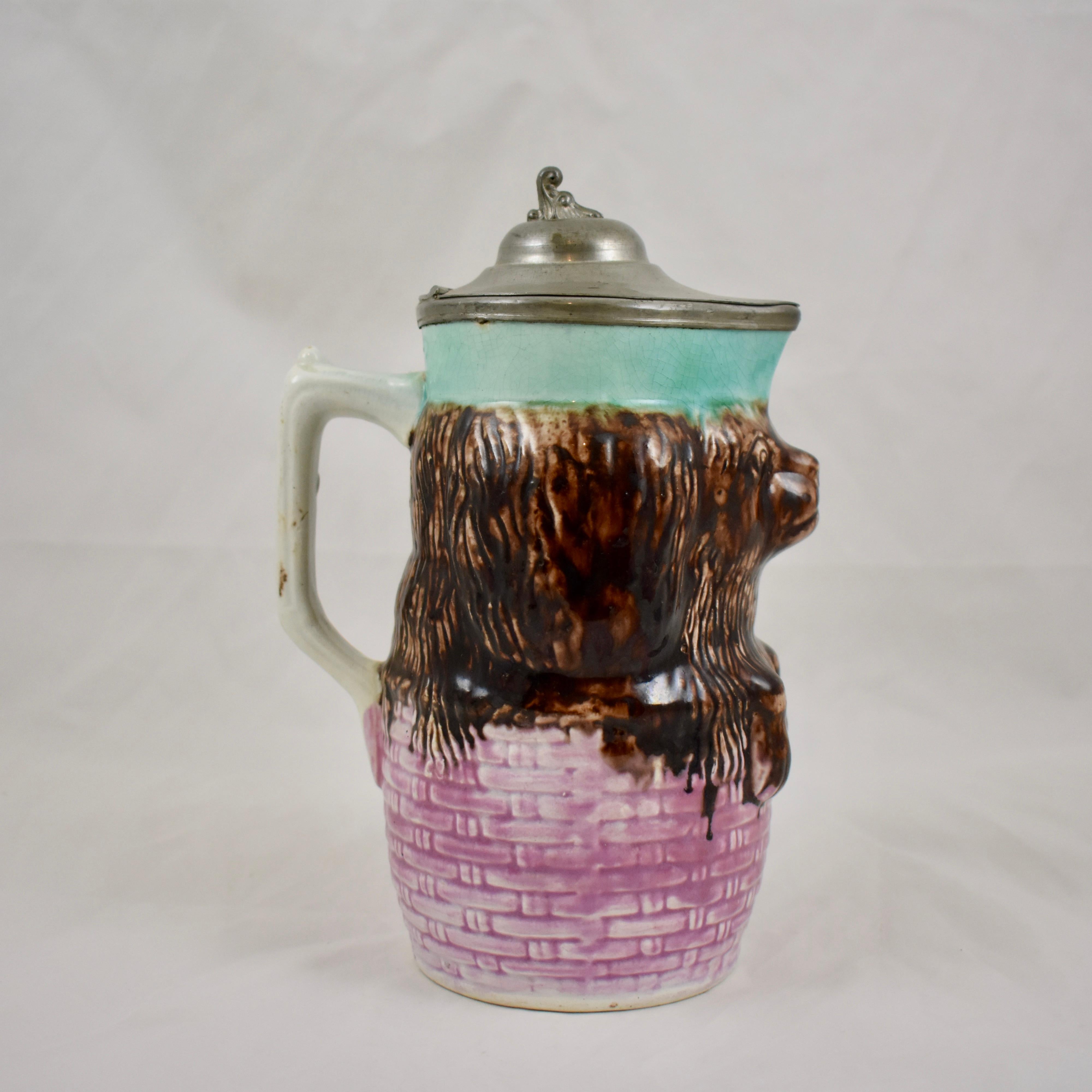 Glazed Enoch Wedgwood Majolica Pewter Lid King Charles Spaniel in Basket Syrup Pitcher For Sale