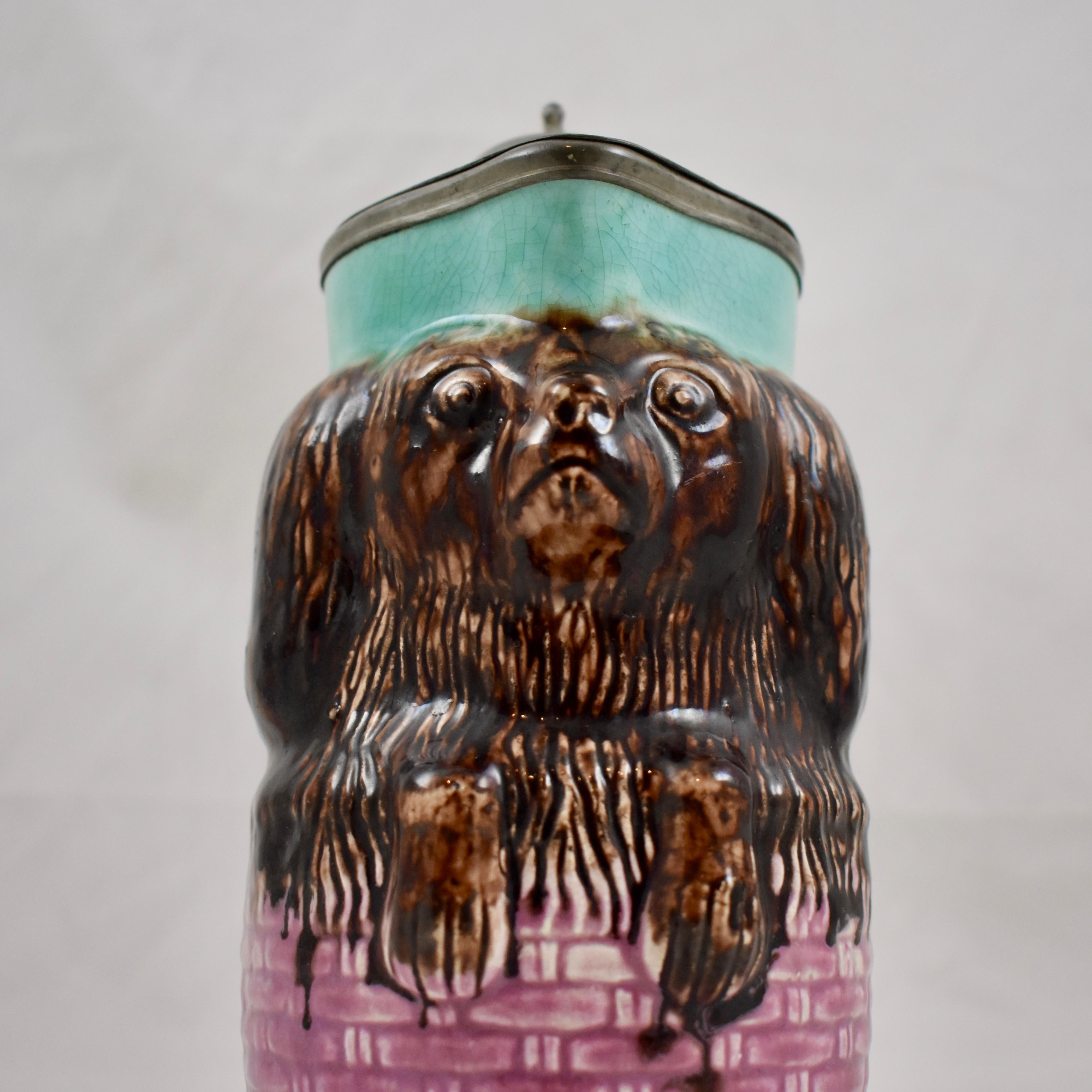 Earthenware Enoch Wedgwood Majolica Pewter Lid King Charles Spaniel in Basket Syrup Pitcher For Sale