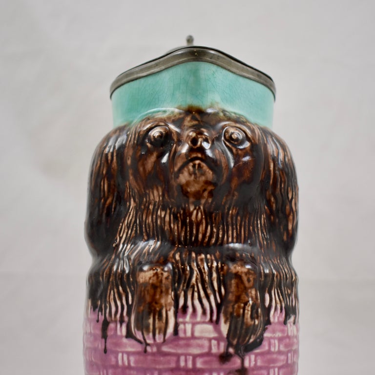 Enoch Wedgwood Majolica Pewter Lid King Charles Spaniel in Basket Syrup Pitcher For Sale 1