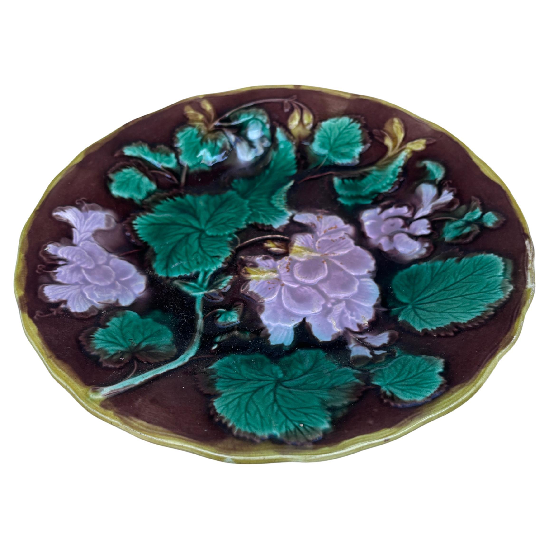 English Majolica Pink Geranium Plate, circa 1880.
