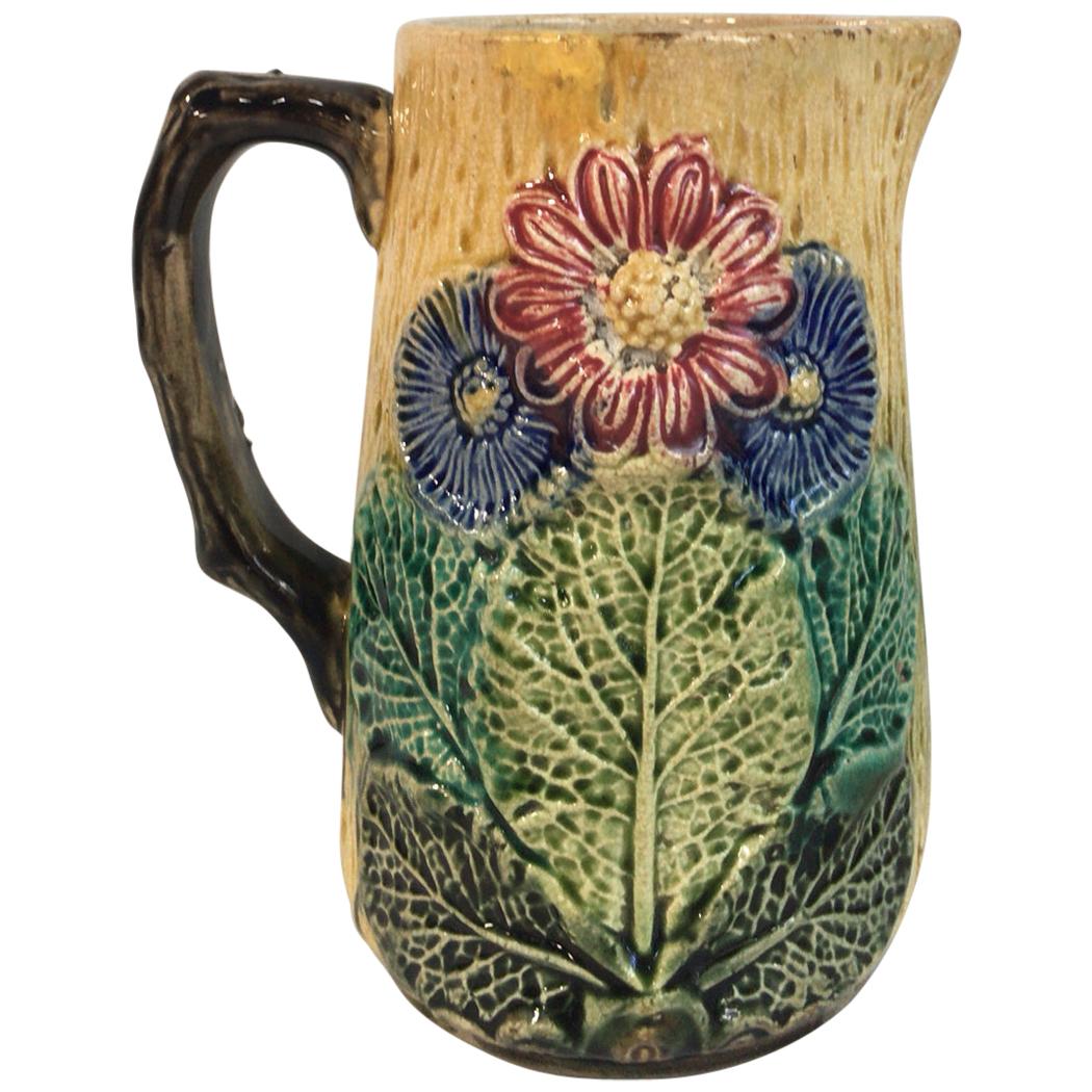 English Majolica Pitcher with Flowers, circa 1890