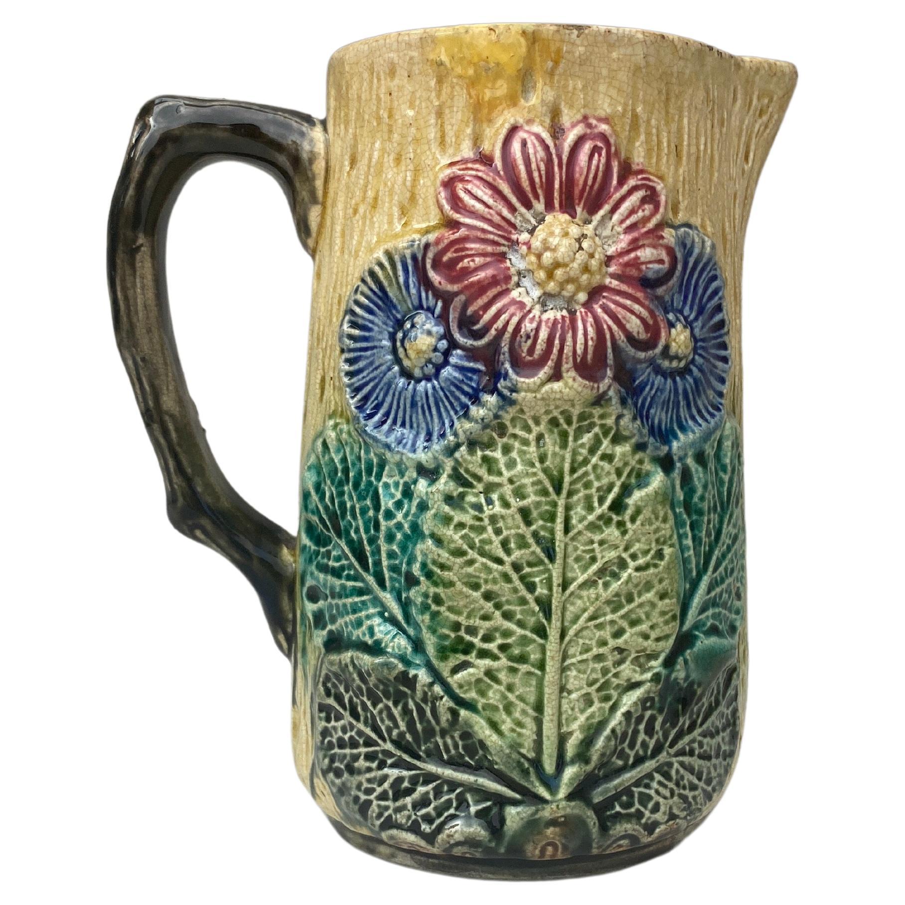 English Majolica Pitcher with Flowers, circa 1890 For Sale