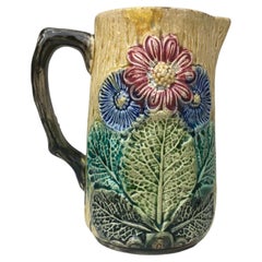 English Majolica Pitcher with Flowers, circa 1890