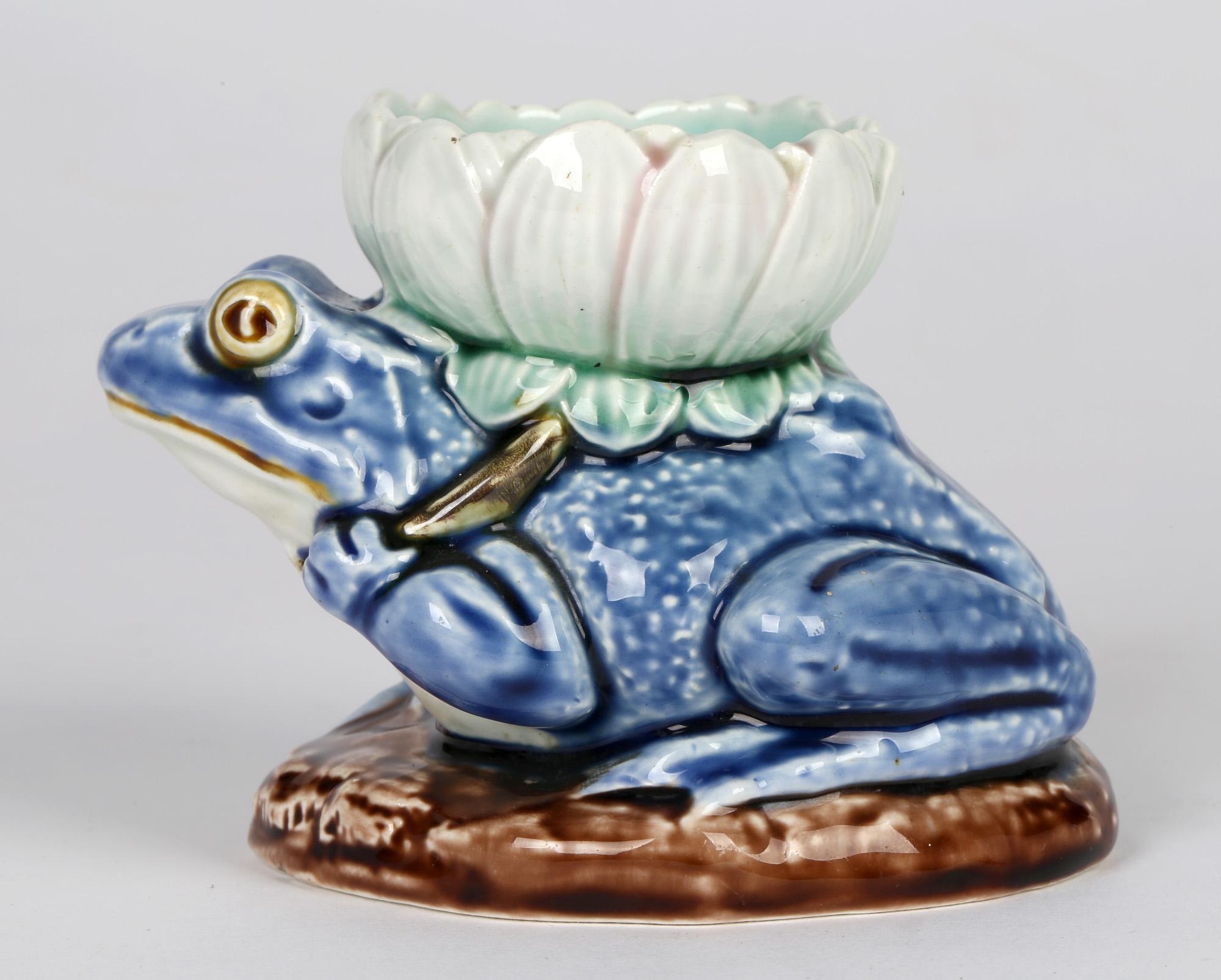 Victorian English Majolica Pottery Frog & Lily Vase Dated 1891