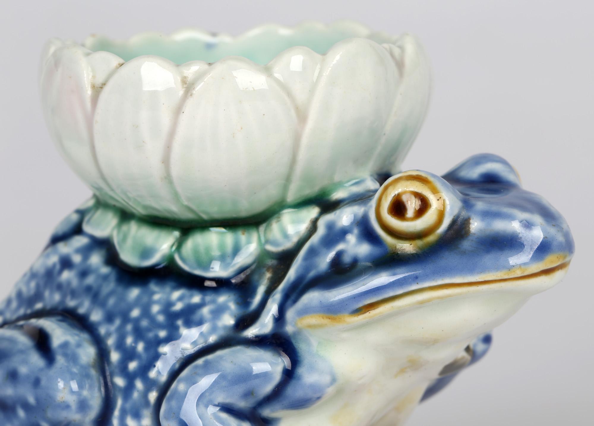 19th Century English Majolica Pottery Frog & Lily Vase Dated 1891