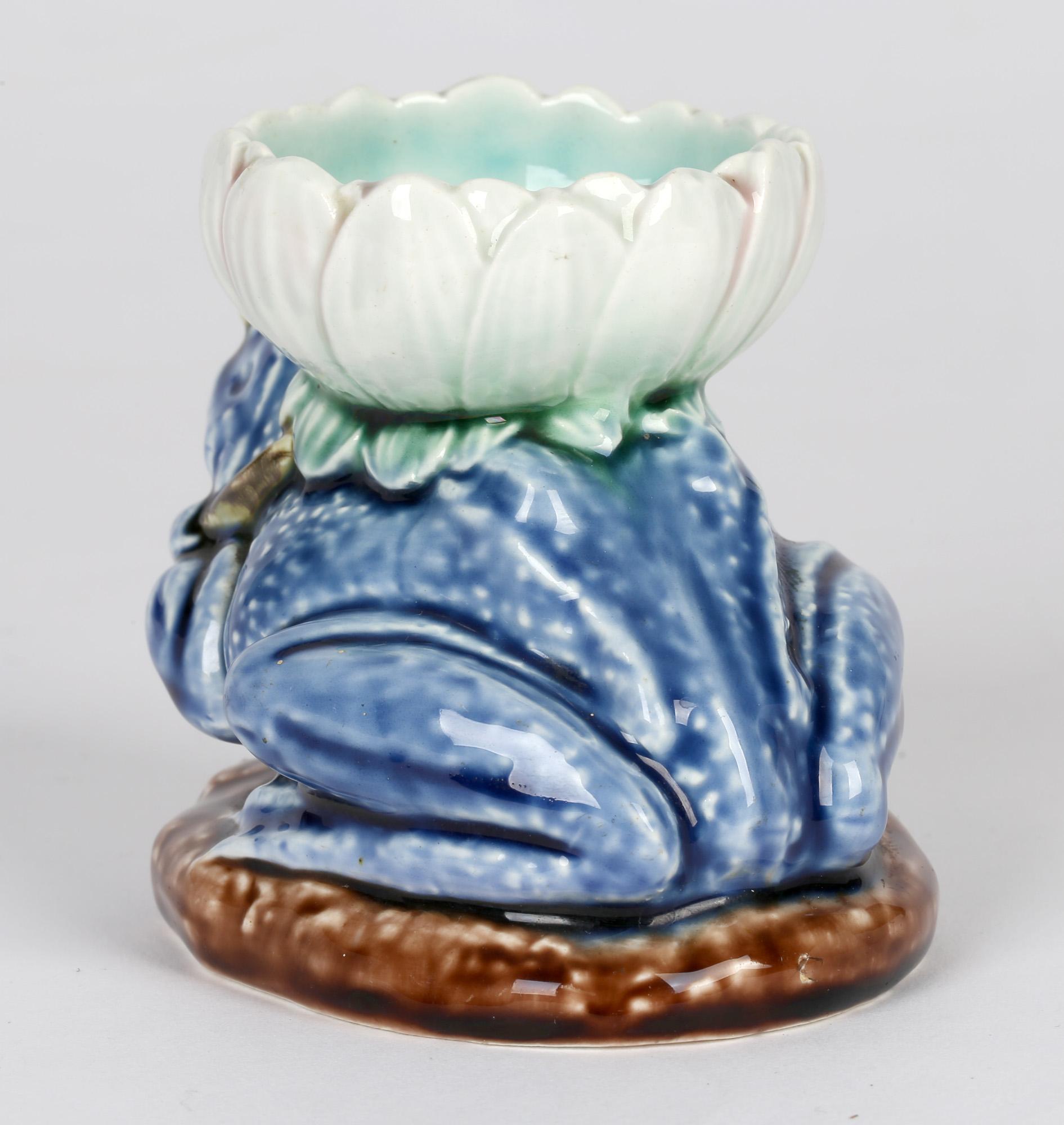 English Majolica Pottery Frog & Lily Vase Dated 1891 3