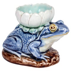 English Majolica Pottery Frog & Lily Vase Dated 1891