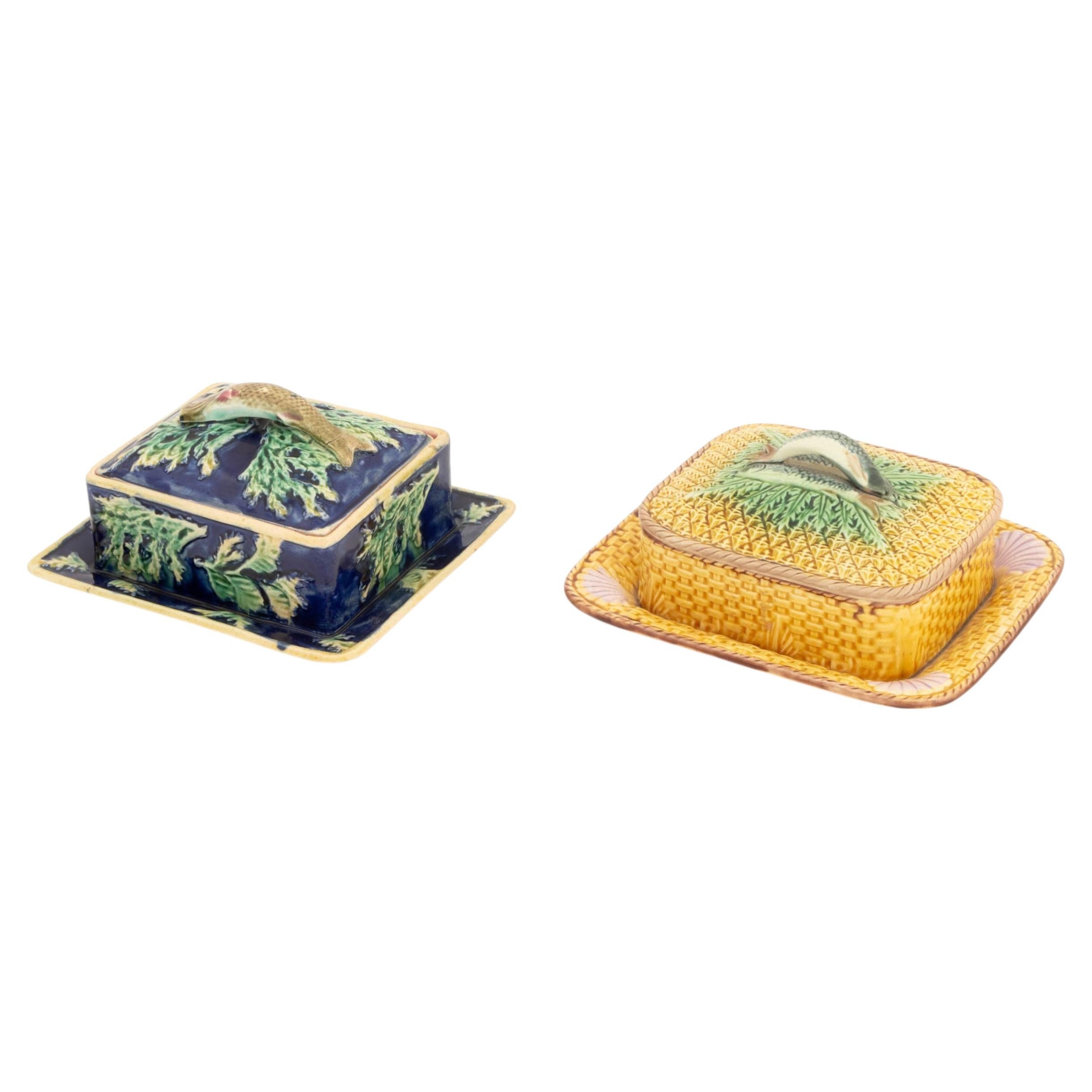 Two English Majolica Sardine Covered Dishes, 19th Century
