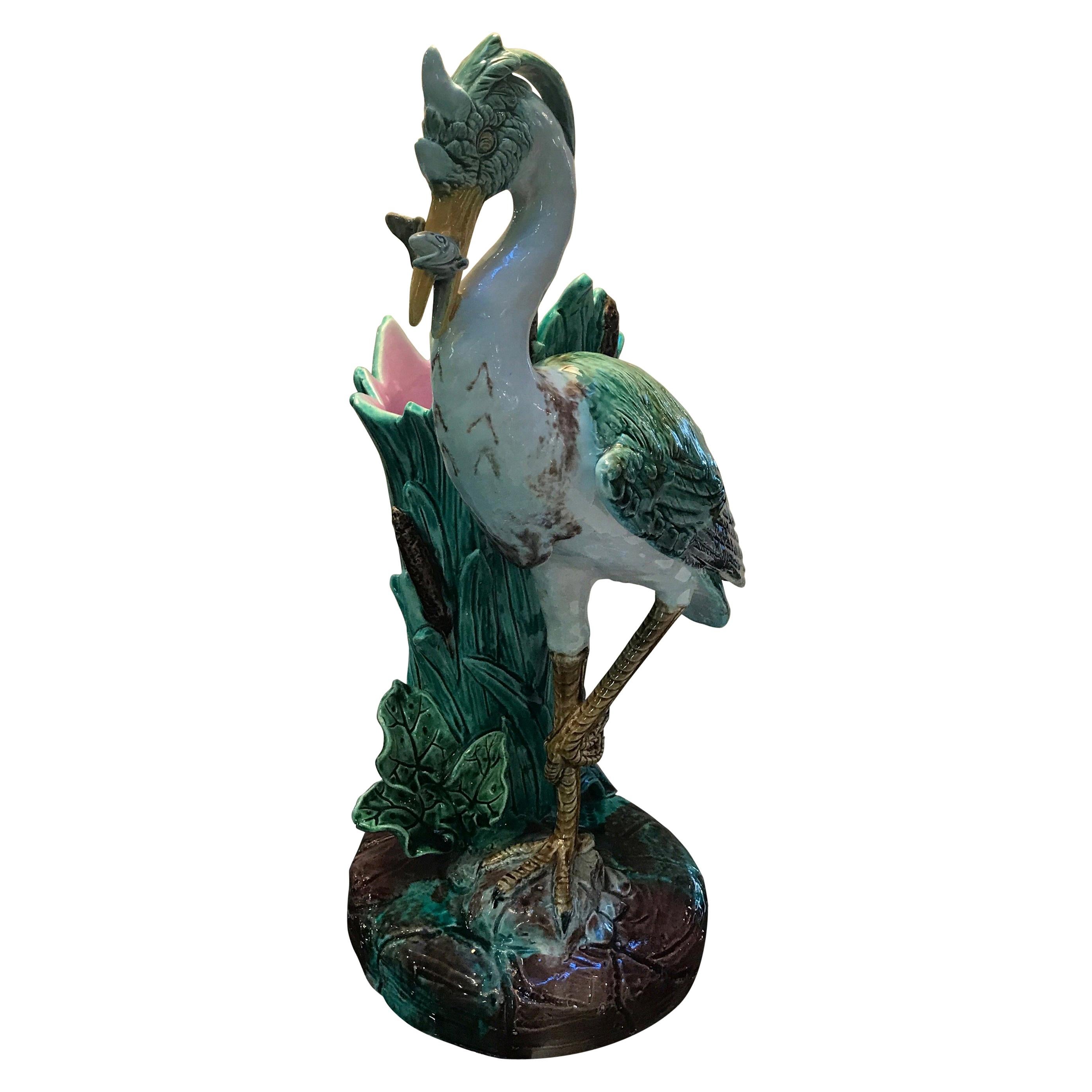 English Majolica Stork Vase, 19th Century For Sale
