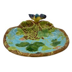 English Majolica Strawberry Server with Bird, Nest with Egg, Turquoise, ca. 1875