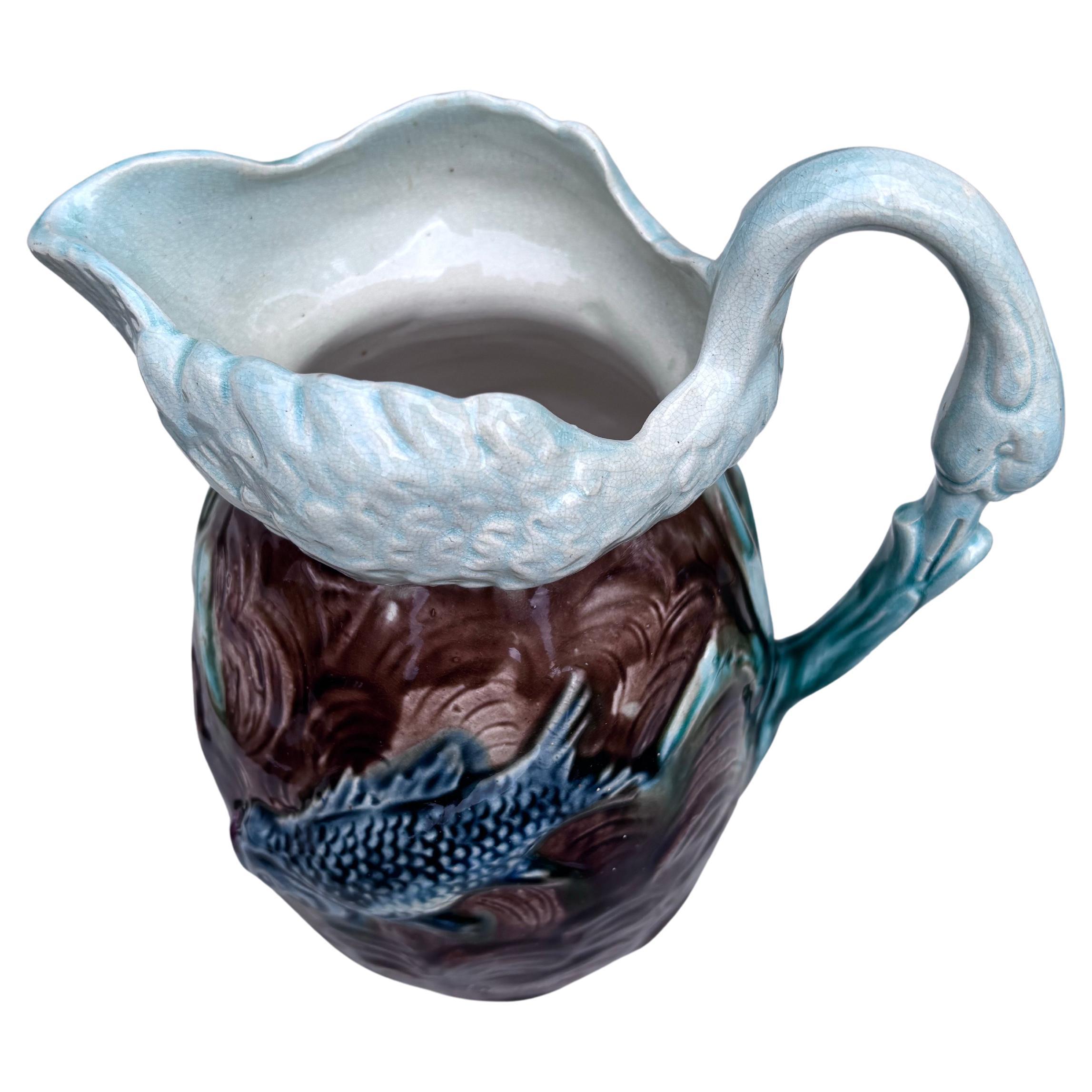 British English Majolica Swan & Fishs Pitcher, circa 1890 For Sale
